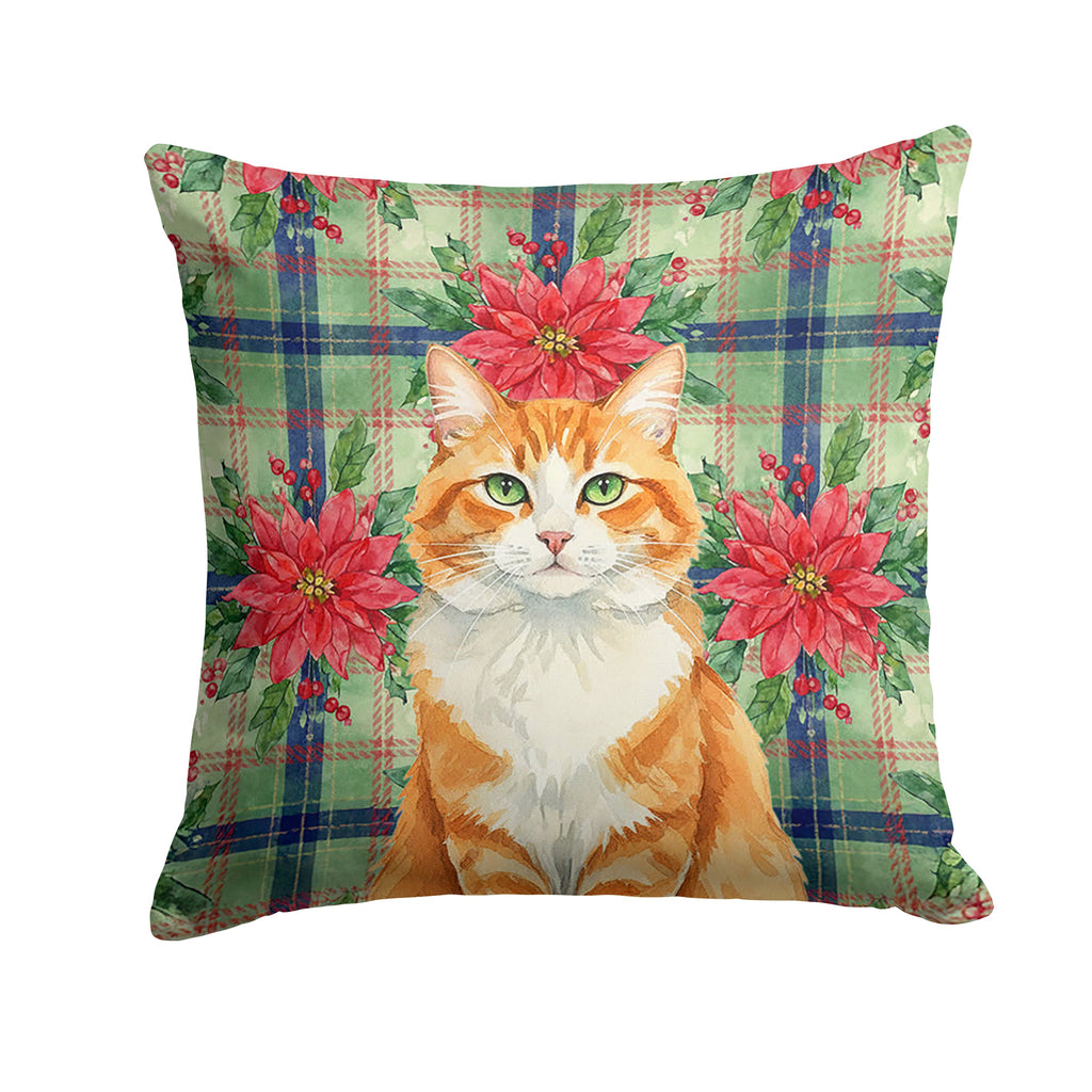 Orange and White Cat with Poinsettias Decorative Throw Pillow 18x18 Indoor Outdoor Accent Cushion, Fabric Cover with Insert for Sofa, Bed, Porch & Living Room