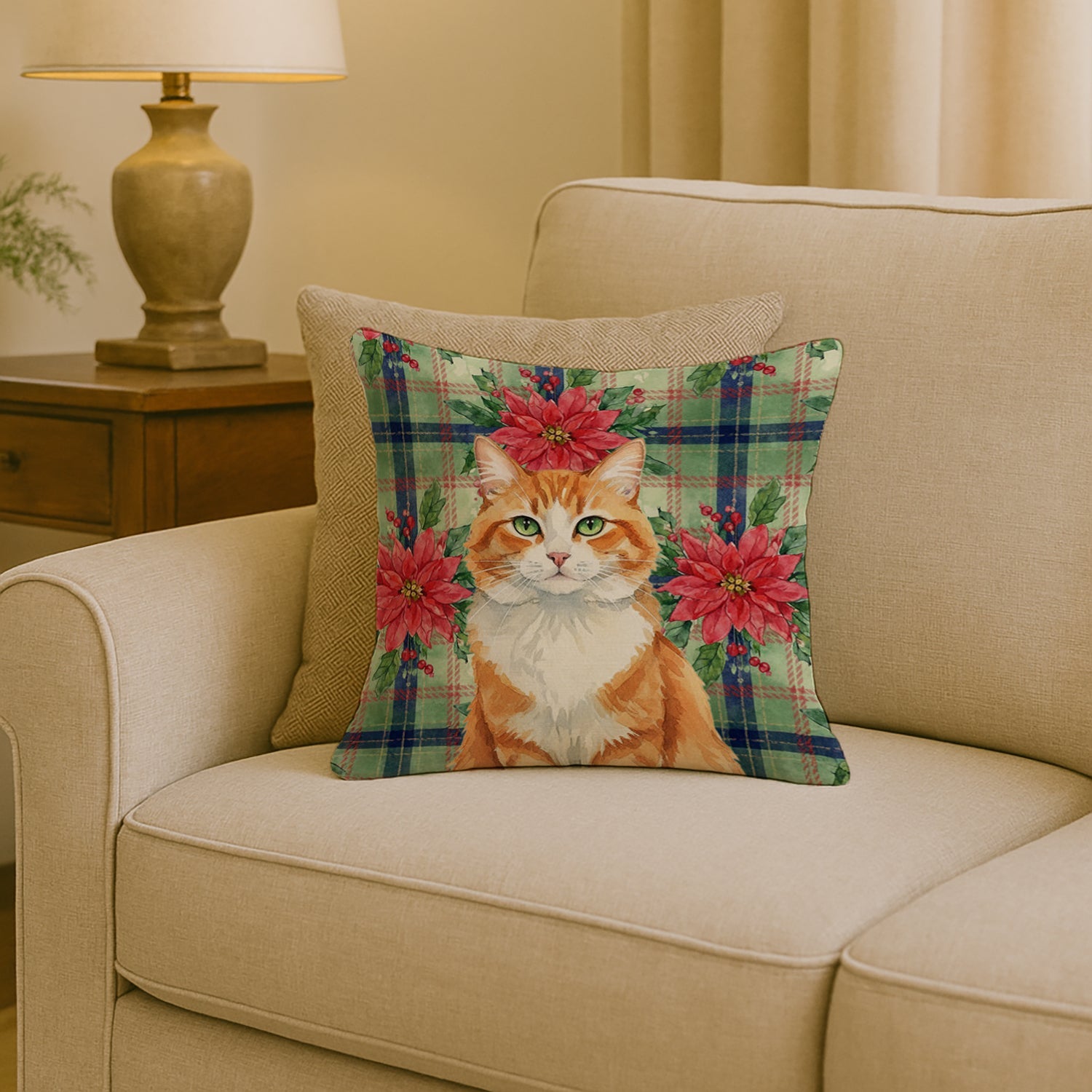 Orange and White Cat with Poinsettias Decorative Throw Pillow 18x18 Indoor Outdoor Accent Cushion, Fabric Cover with Insert for Sofa, Bed, Porch & Living Room