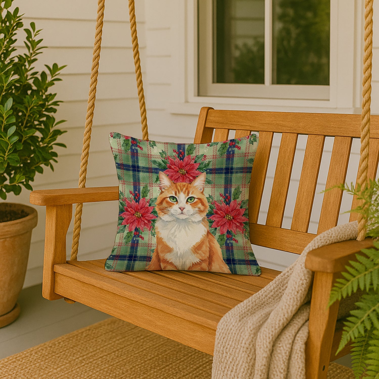 Orange and White Cat with Poinsettias Decorative Throw Pillow 18x18 Indoor Outdoor Accent Cushion, Fabric Cover with Insert for Sofa, Bed, Porch & Living Room