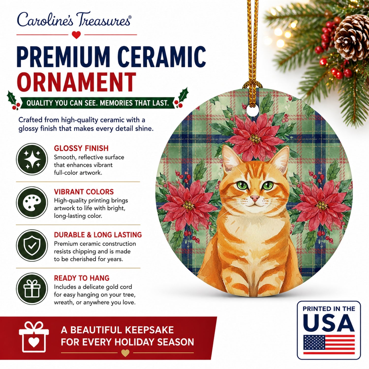 Orange Classic Tabby Cat with Poinsettias Ceramic Ornament Christmas Tree Hanging Decorations for Home Christmas Holiday, Party, Gift, 3 in, Multicolor
