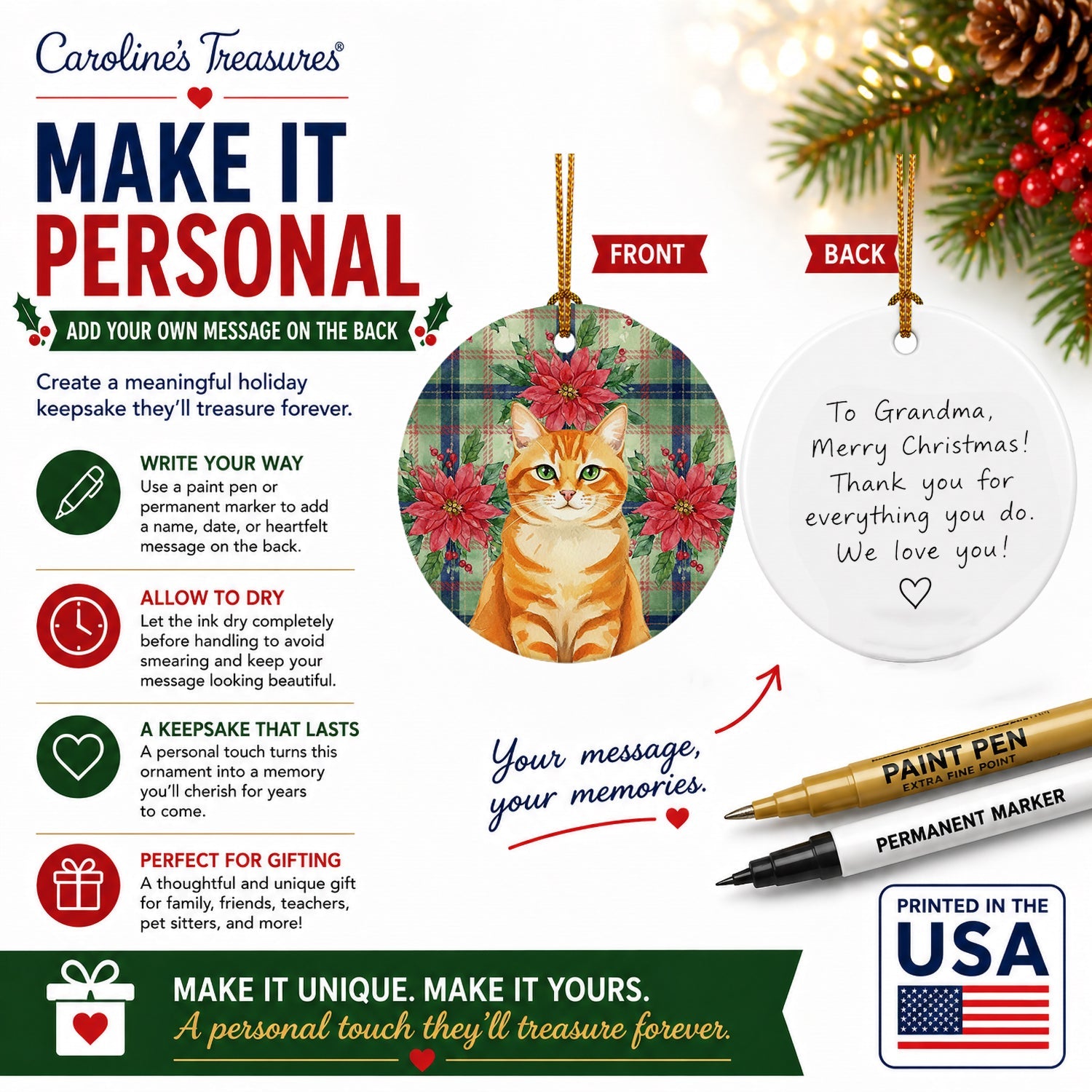 Orange Classic Tabby Cat with Poinsettias Ceramic Ornament Christmas Tree Hanging Decorations for Home Christmas Holiday, Party, Gift, 3 in, Multicolor