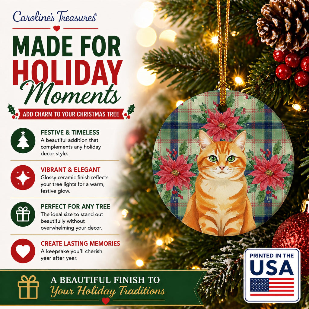 Orange Classic Tabby Cat with Poinsettias Ceramic Ornament Christmas Tree Hanging Decorations for Home Christmas Holiday, Party, Gift, 3 in, Multicolor