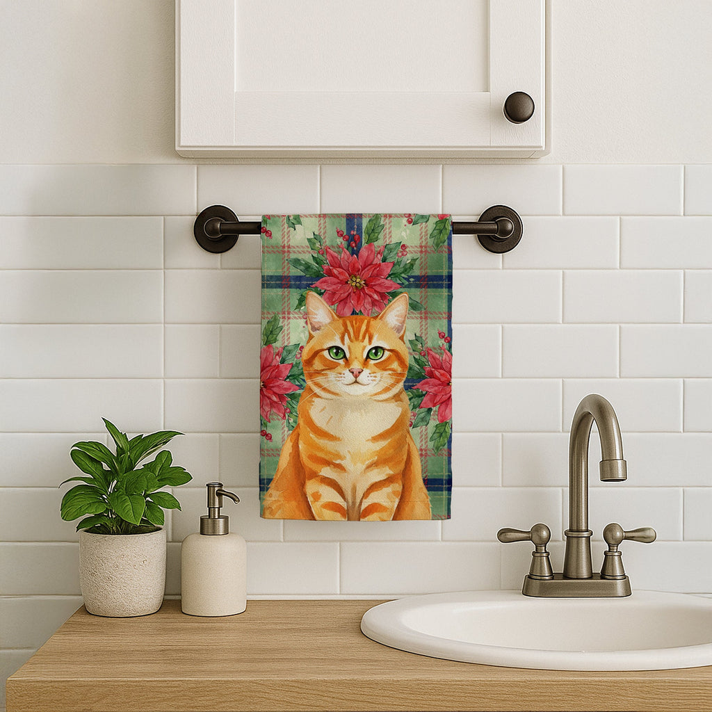 Orange Classic Tabby Cat with Poinsettias Kitchen Towel Velour Plush Front and Cotton Loop Back Machine Washable