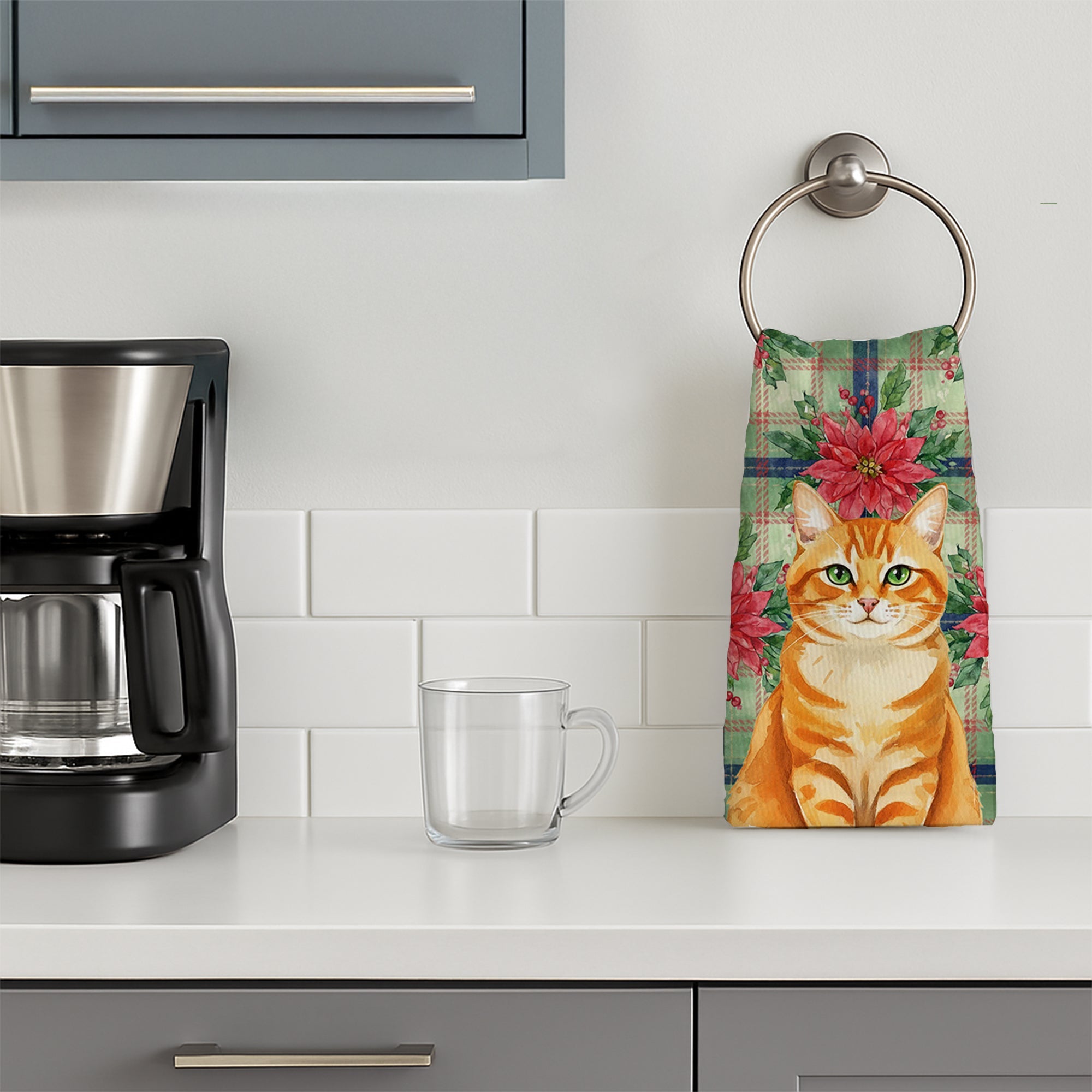Orange Classic Tabby Cat with Poinsettias Kitchen Towel Velour Plush Front and Cotton Loop Back Machine Washable
