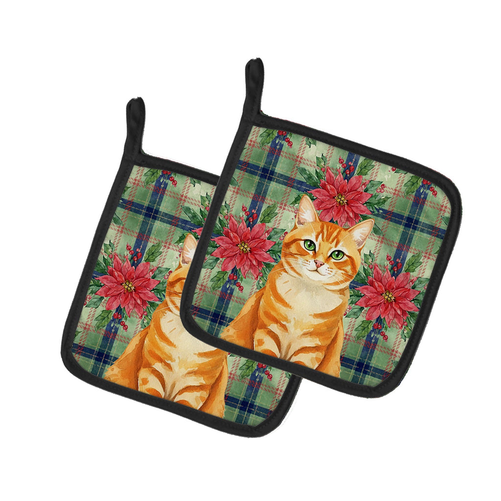 Orange Classic Tabby Cat with Poinsettias Pot Holder Set of 2 Heat Resistant Quilted Hot Pads 7.5 x 7.5 Inch, Insulated Kitchen Trivets for Cooking & Baking