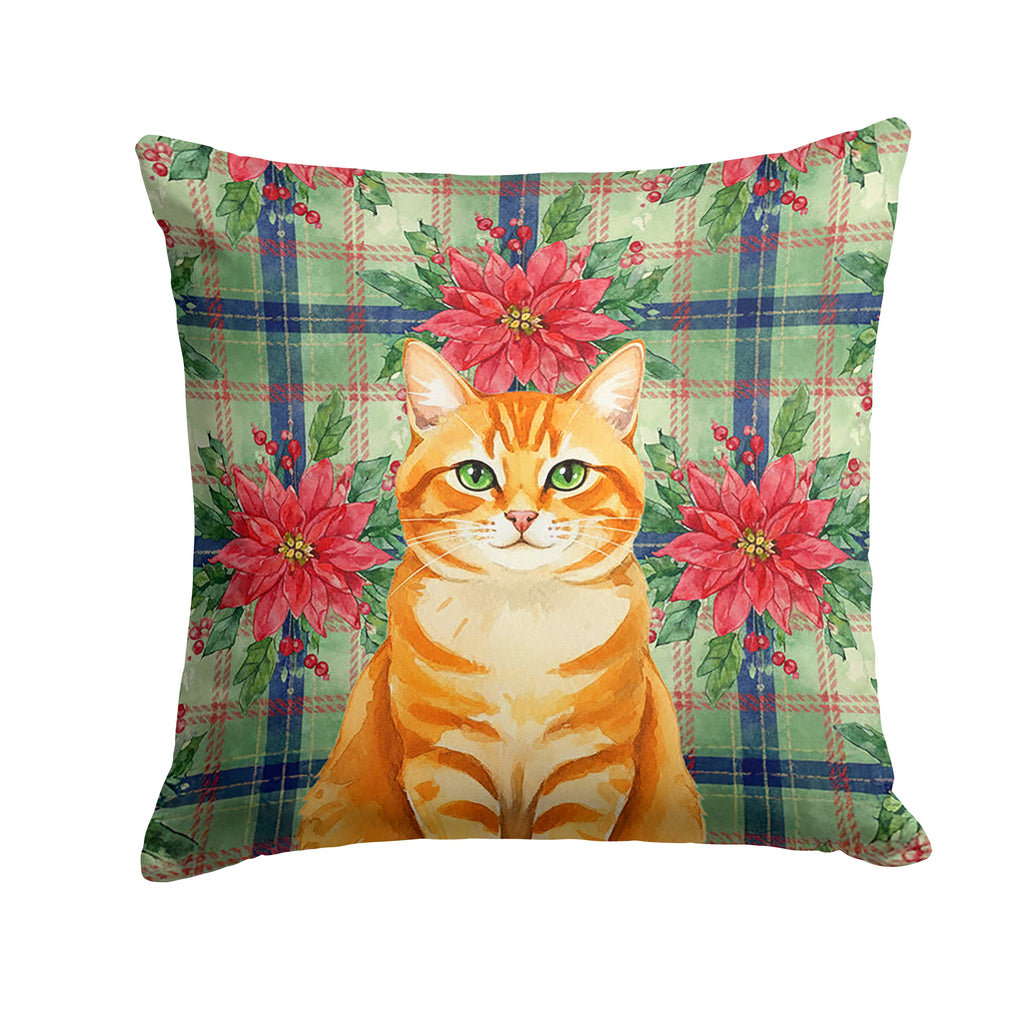 Orange Classic Tabby Cat with Poinsettias Decorative Throw Pillow 14x14 Indoor Outdoor Accent Cushion, Fabric Cover with Insert for Sofa, Bed, Porch & Living Room