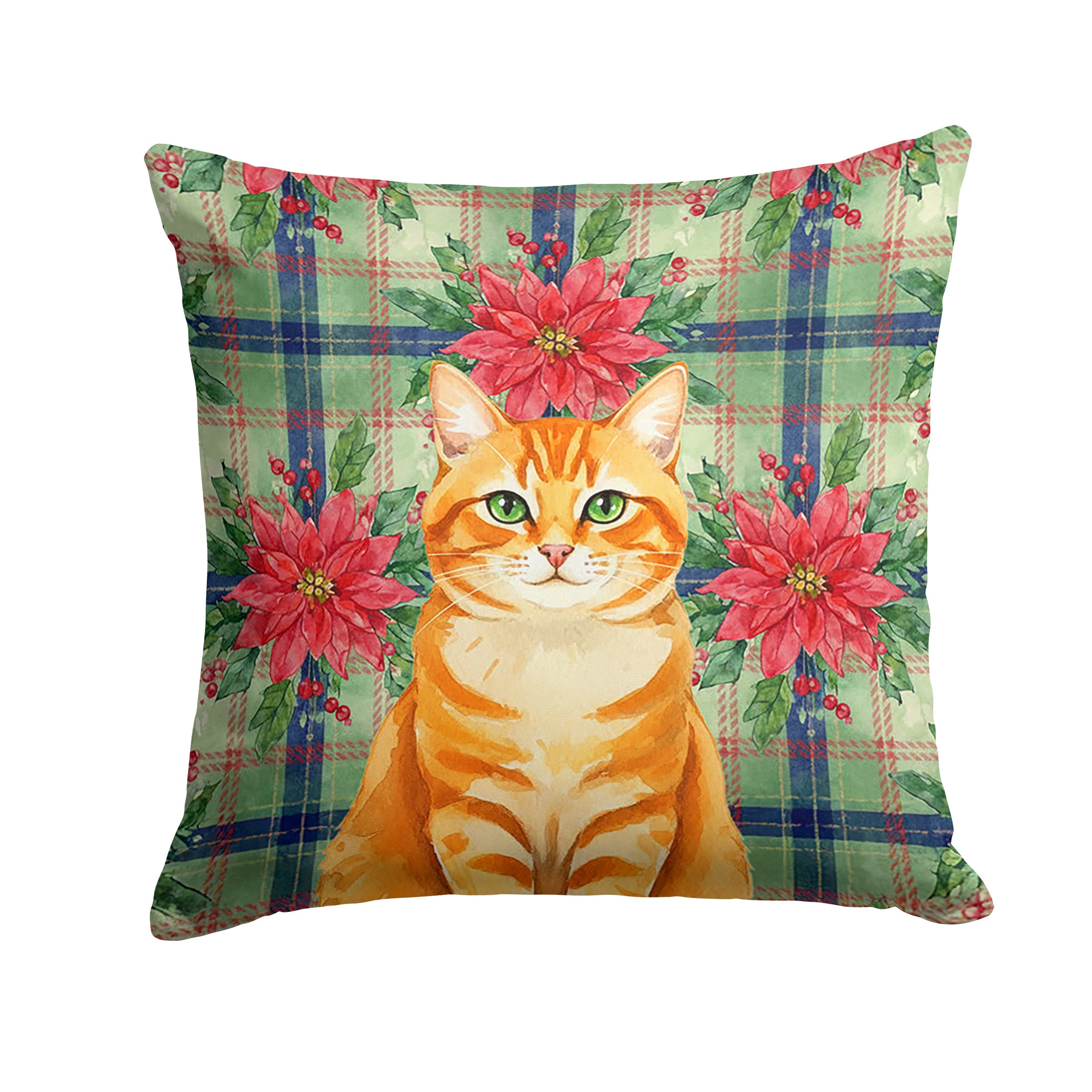 Orange Classic Tabby Cat with Poinsettias Decorative Throw Pillow 14x14 Indoor Outdoor Accent Cushion, Fabric Cover with Insert for Sofa, Bed, Porch & Living Room