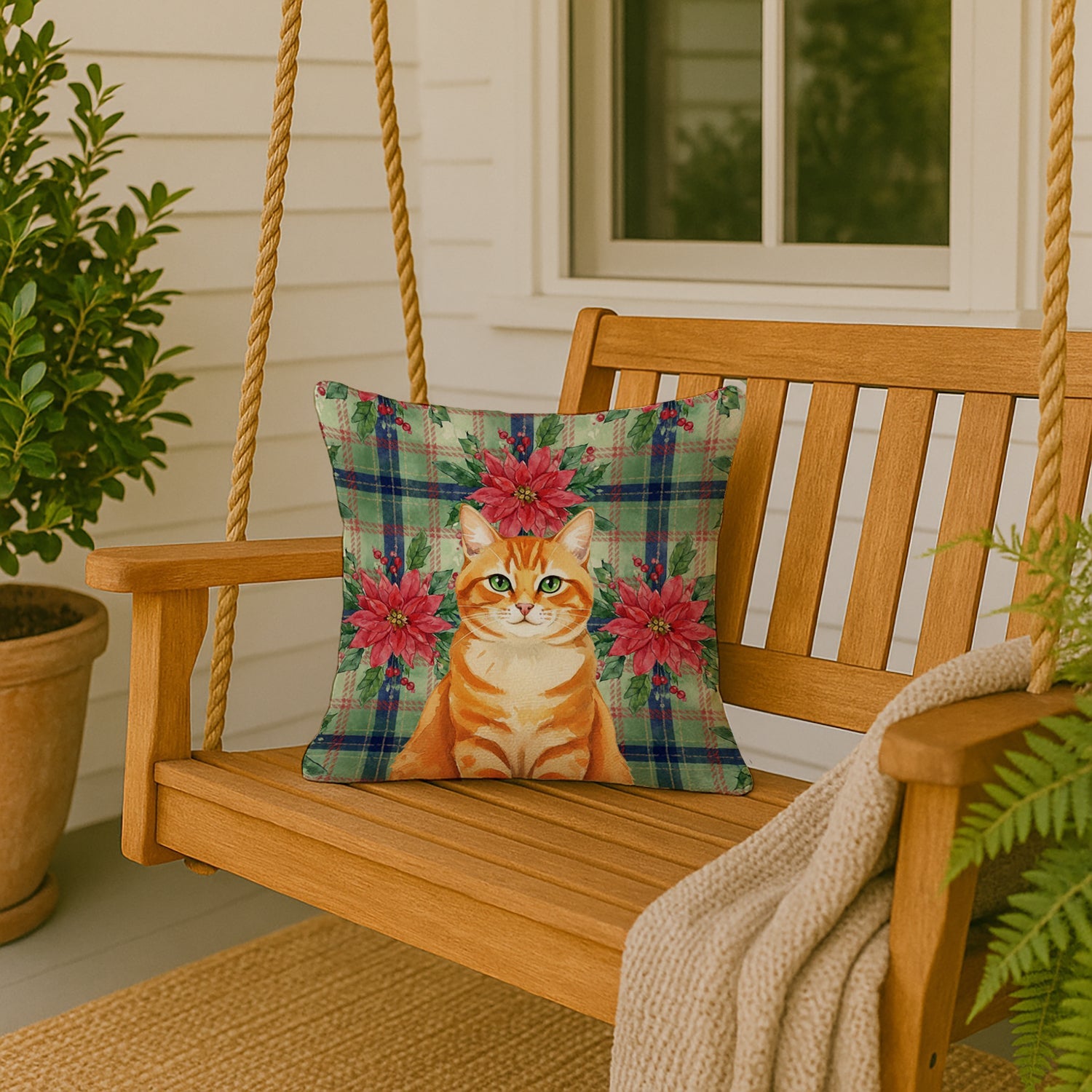 Orange Classic Tabby Cat with Poinsettias Decorative Throw Pillow 18x18 Indoor Outdoor Accent Cushion, Fabric Cover with Insert for Sofa, Bed, Porch & Living Room