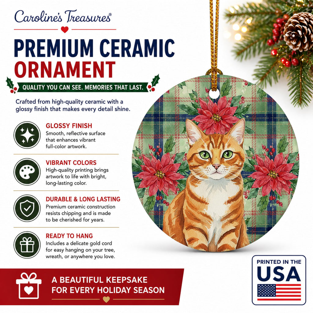 Orange Mackerel Tabby Cat with Poinsettias Ceramic Ornament Christmas Tree Hanging Decorations for Home Christmas Holiday, Party, Gift, 3 in, Multicolor