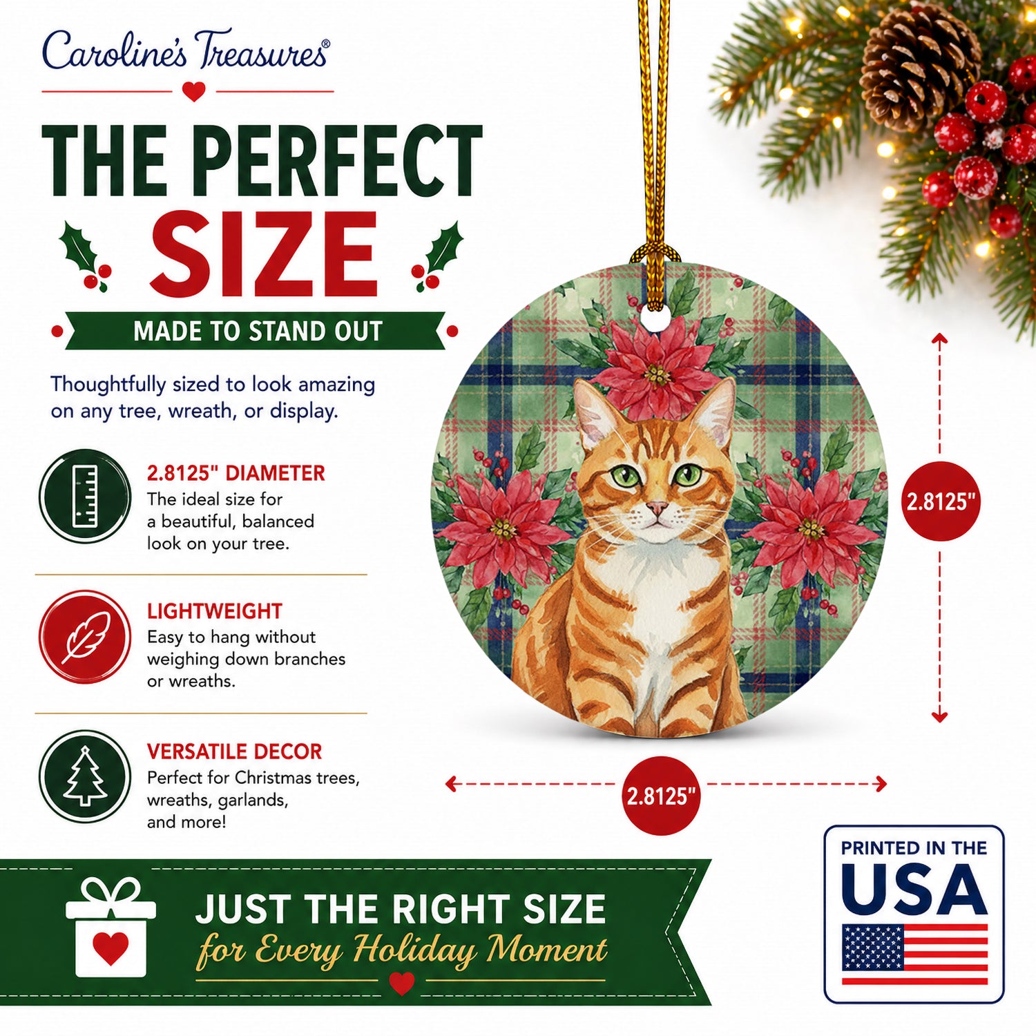 Orange Mackerel Tabby Cat with Poinsettias Ceramic Ornament Christmas Tree Hanging Decorations for Home Christmas Holiday, Party, Gift, 3 in, Multicolor
