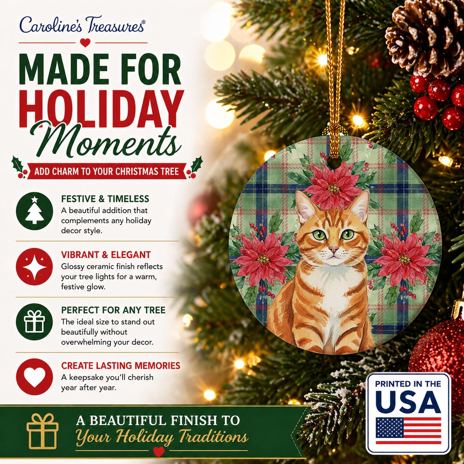 Orange Mackerel Tabby Cat with Poinsettias Ceramic Ornament Christmas Tree Hanging Decorations for Home Christmas Holiday, Party, Gift, 3 in, Multicolor
