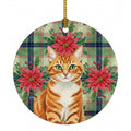 Orange Mackerel Tabby Cat with Poinsettias Ceramic Ornament Christmas Tree Hanging Decorations for Home Christmas Holiday, Party, Gift, 3 in, Multicolor