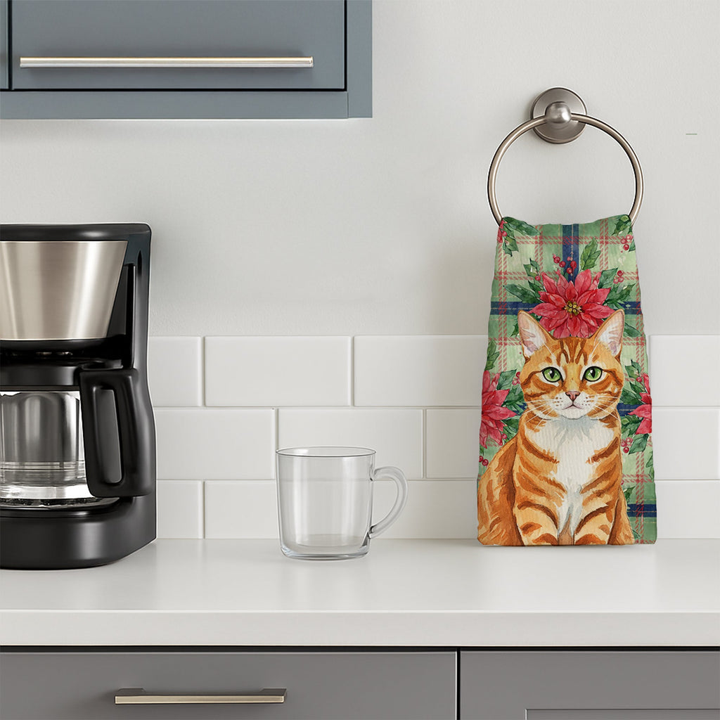 Orange Mackerel Tabby Cat with Poinsettias Kitchen Towel Velour Plush Front and Cotton Loop Back Machine Washable