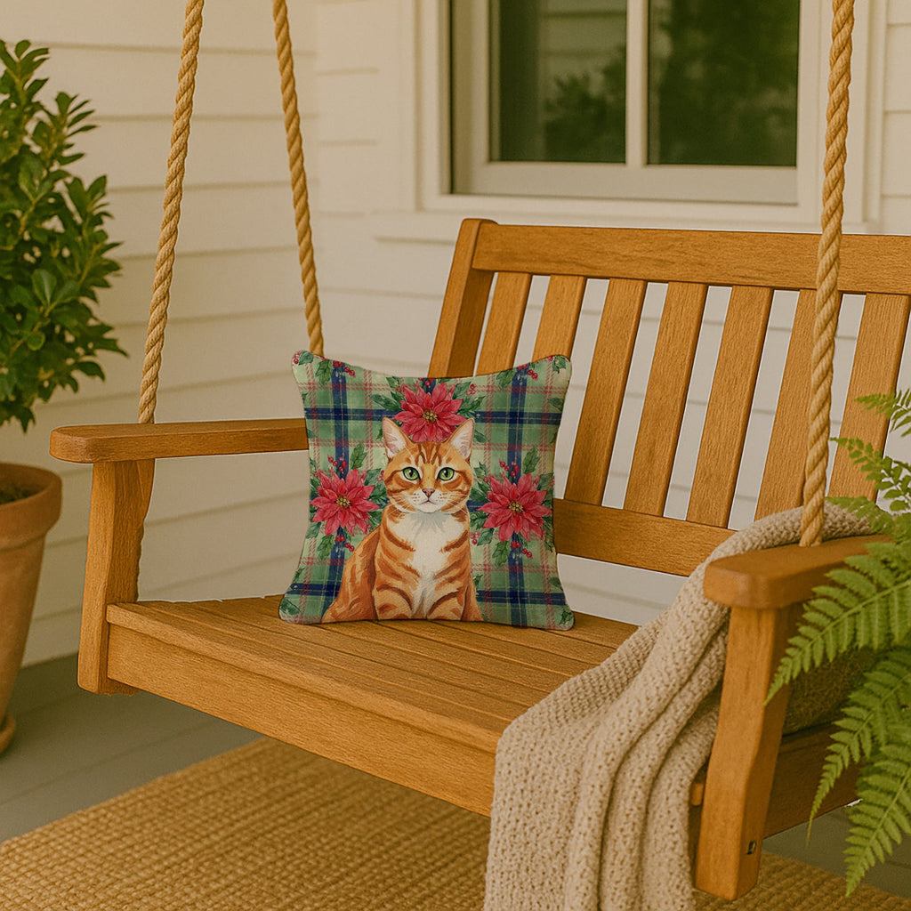 Orange Mackerel Tabby Cat with Poinsettias Decorative Throw Pillow 14x14 Indoor Outdoor Accent Cushion, Fabric Cover with Insert for Sofa, Bed, Porch & Living Room