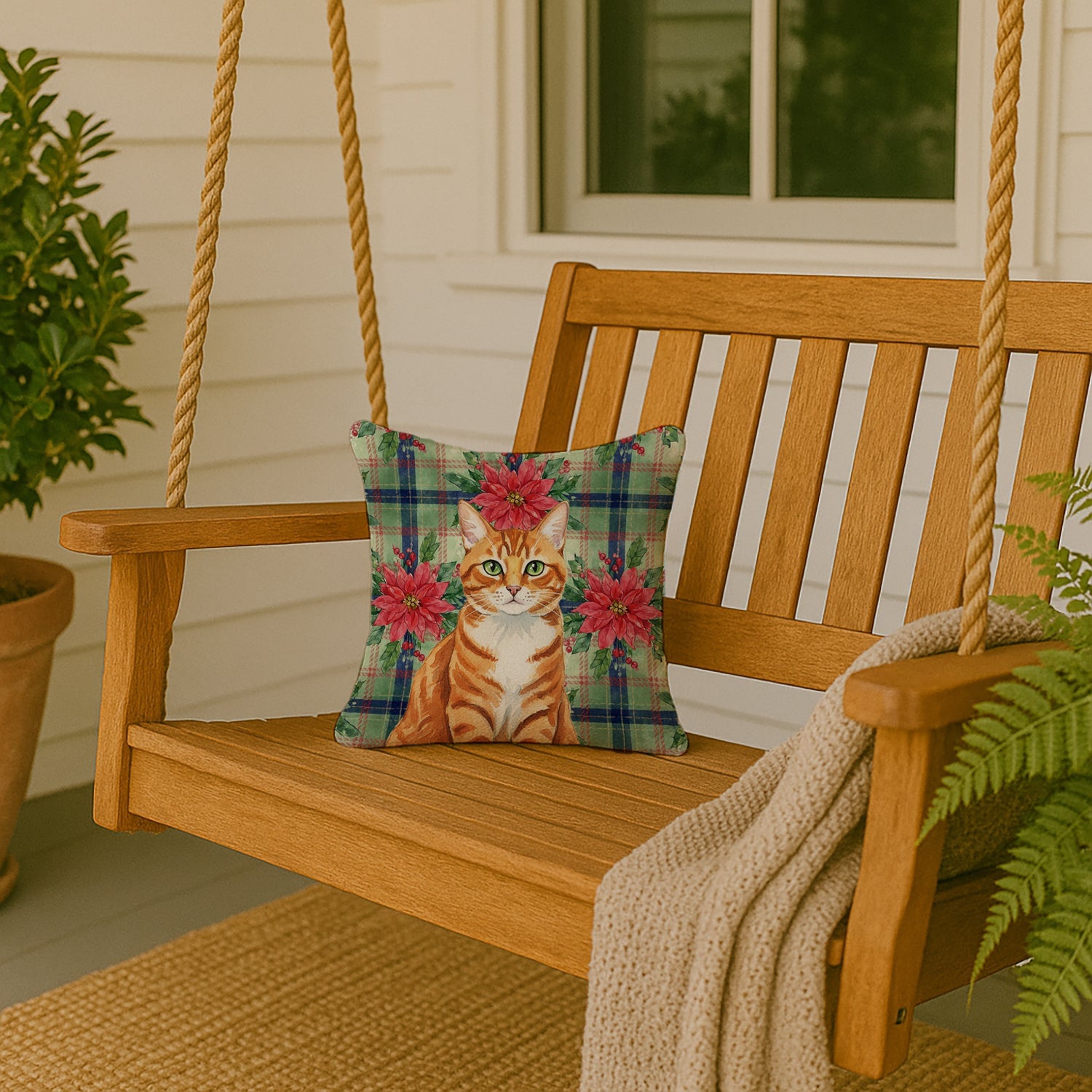 Orange Mackerel Tabby Cat with Poinsettias Decorative Throw Pillow 14x14 Indoor Outdoor Accent Cushion, Fabric Cover with Insert for Sofa, Bed, Porch & Living Room