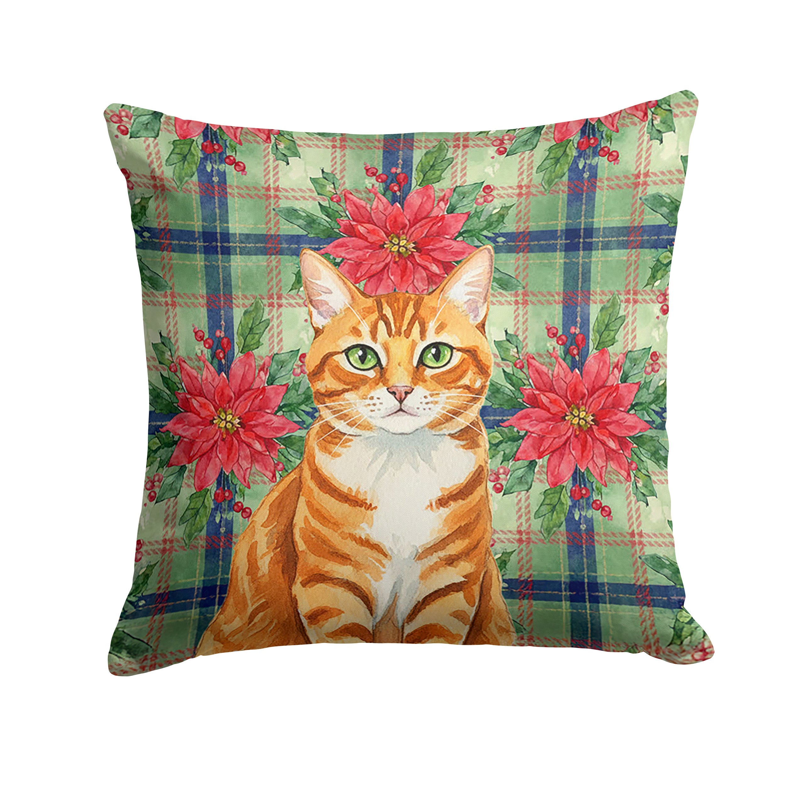 Orange Mackerel Tabby Cat with Poinsettias Decorative Throw Pillow 18x18 Indoor Outdoor Accent Cushion, Fabric Cover with Insert for Sofa, Bed, Porch & Living Room