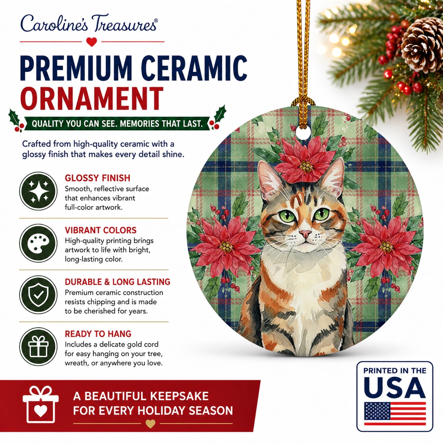 Patched Tabby Cat with Poinsettias Ceramic Ornament Christmas Tree Hanging Decorations for Home Christmas Holiday, Party, Gift, 3 in, Multicolor