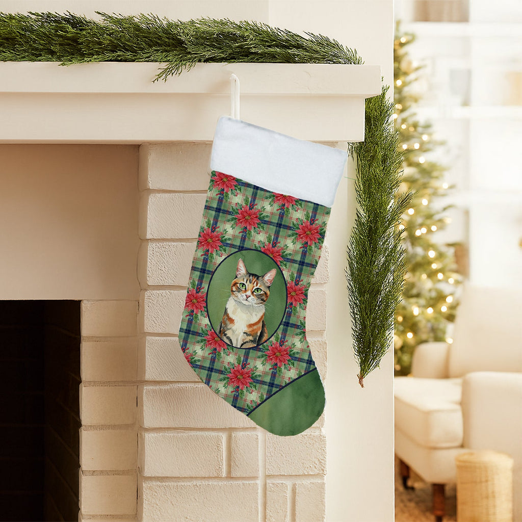 Patched Tabby Cat with Poinsettias Holiday Stocking Double-Sided Print, Polyester Suede,11x18, Made in USA
