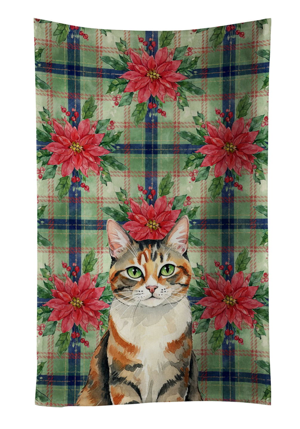 Patched Tabby Cat with Poinsettias Kitchen Towel Velour Plush Front and Cotton Loop Back Machine Washable