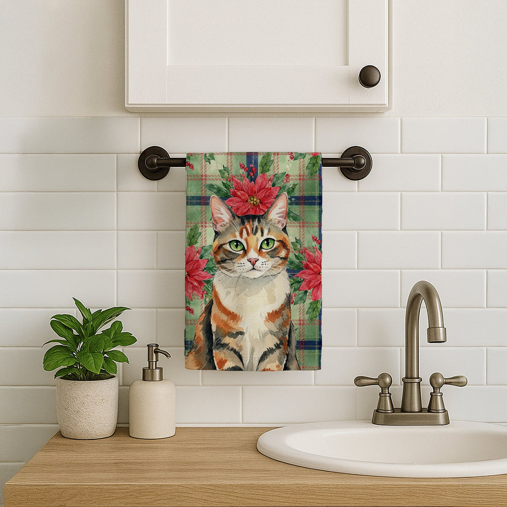 Patched Tabby Cat with Poinsettias Kitchen Towel Velour Plush Front and Cotton Loop Back Machine Washable