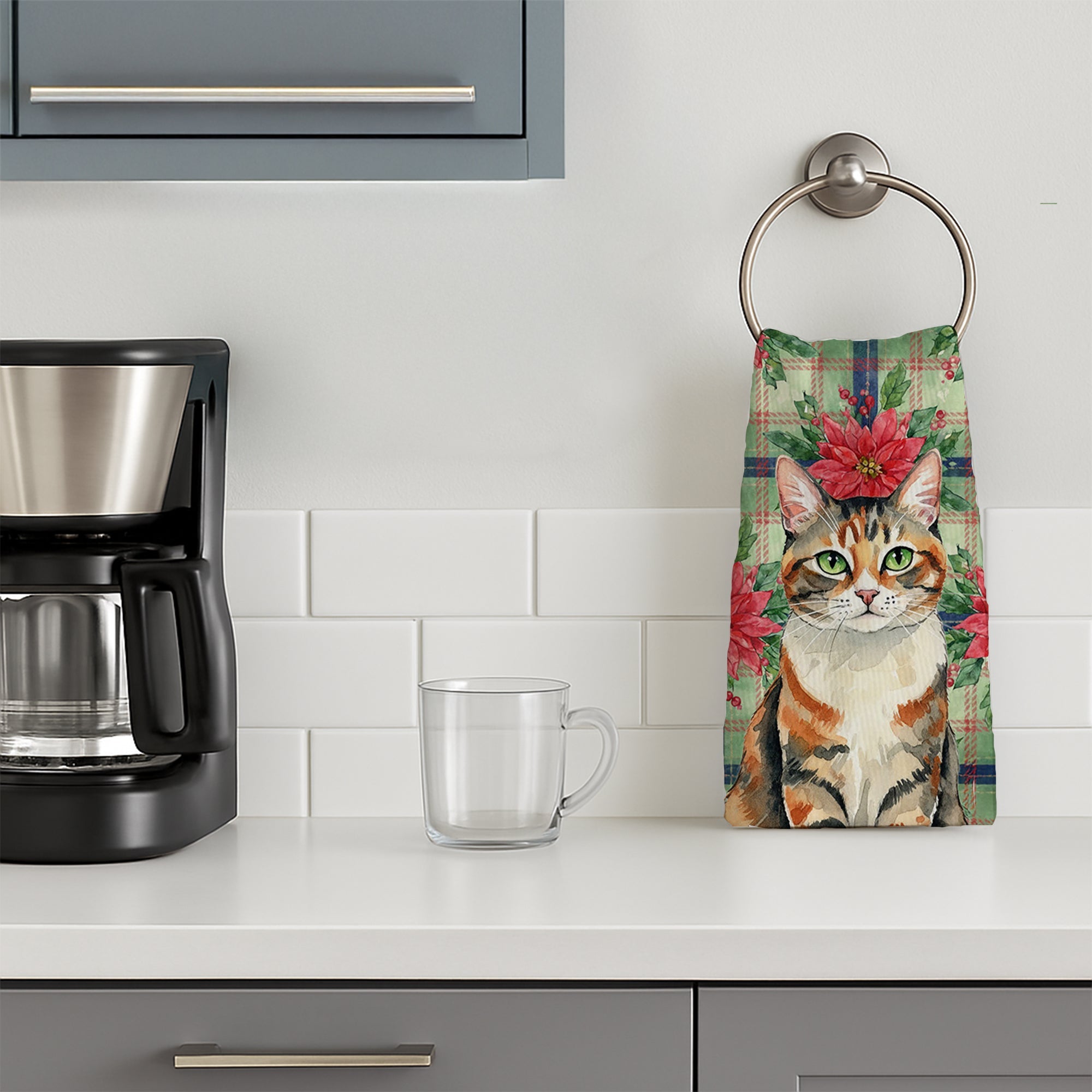 Patched Tabby Cat with Poinsettias Kitchen Towel Velour Plush Front and Cotton Loop Back Machine Washable