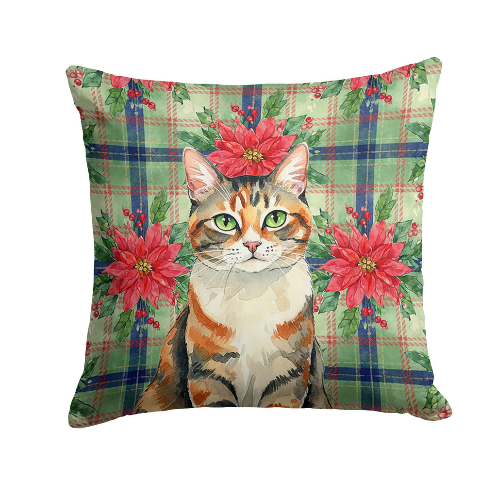 Patched Tabby Cat with Poinsettias Decorative Throw Pillow 14x14 Indoor Outdoor Accent Cushion, Fabric Cover with Insert for Sofa, Bed, Porch & Living Room