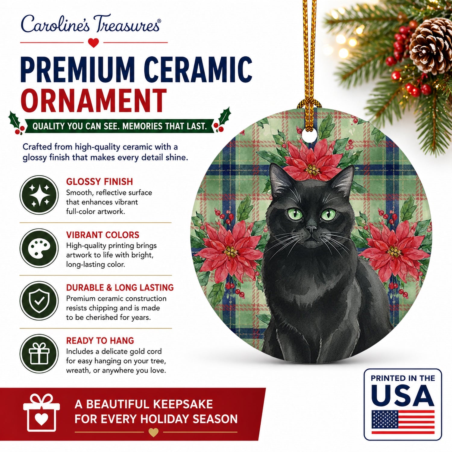 Persian Black Cat with Poinsettias Ceramic Ornament Christmas Tree Hanging Decorations for Home Christmas Holiday, Party, Gift, 3 in, Multicolor