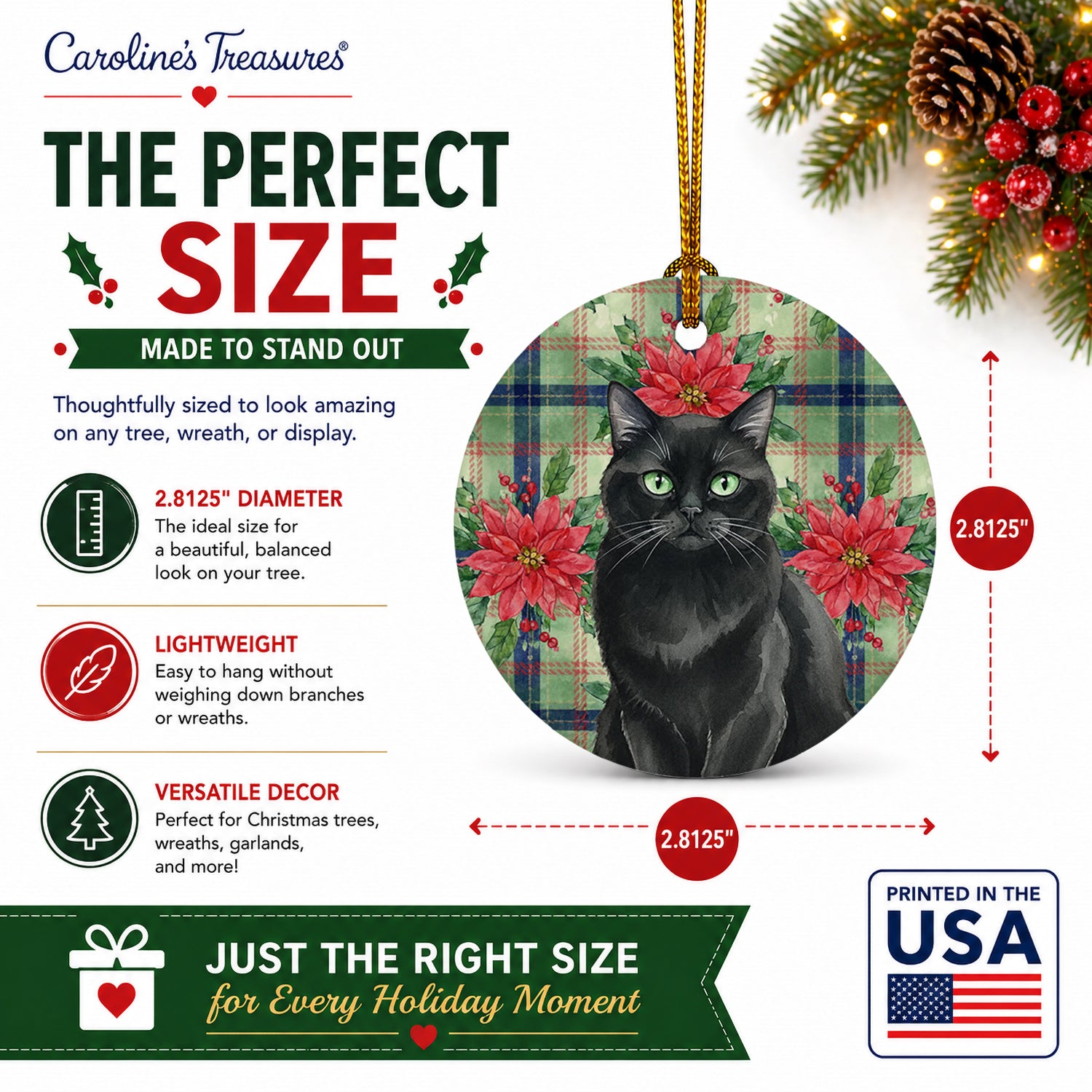 Persian Black Cat with Poinsettias Ceramic Ornament Christmas Tree Hanging Decorations for Home Christmas Holiday, Party, Gift, 3 in, Multicolor