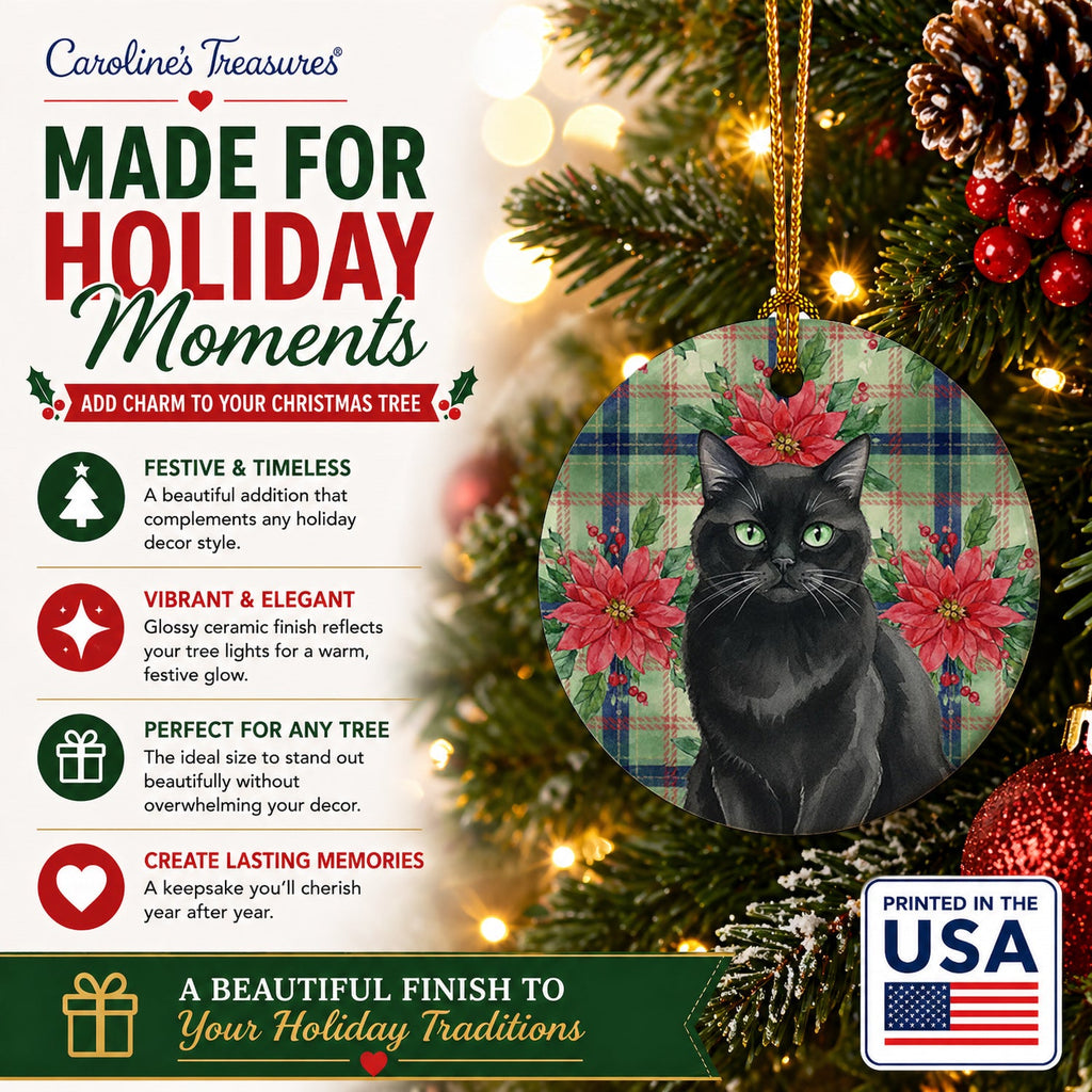 Persian Black Cat with Poinsettias Ceramic Ornament Christmas Tree Hanging Decorations for Home Christmas Holiday, Party, Gift, 3 in, Multicolor