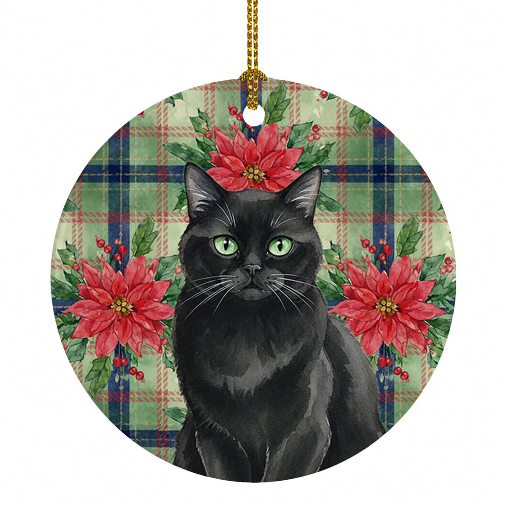 Persian Black Cat with Poinsettias Ceramic Ornament Christmas Tree Hanging Decorations for Home Christmas Holiday, Party, Gift, 3 in, Multicolor