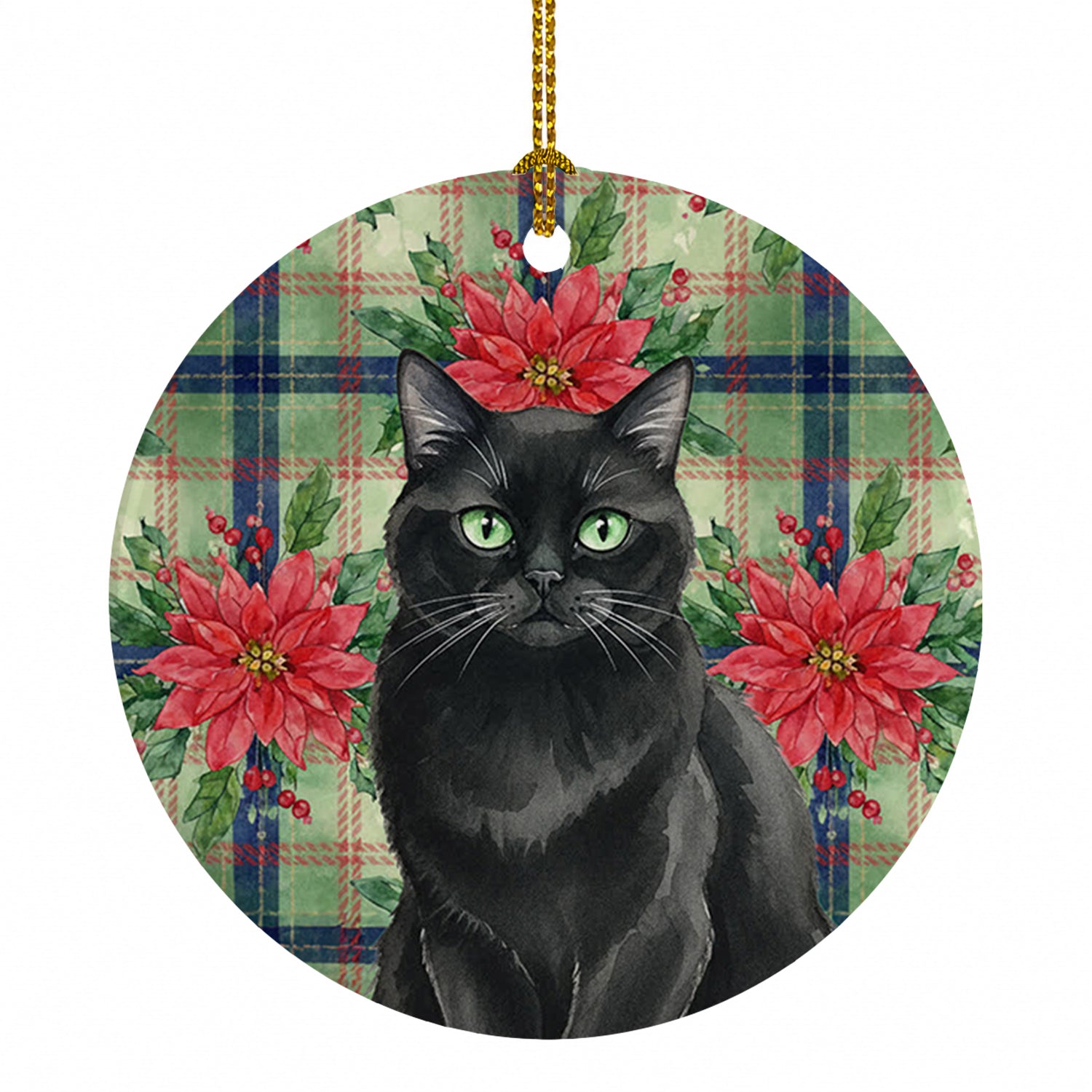 Persian Black Cat with Poinsettias Ceramic Ornament Christmas Tree Hanging Decorations for Home Christmas Holiday, Party, Gift, 3 in, Multicolor