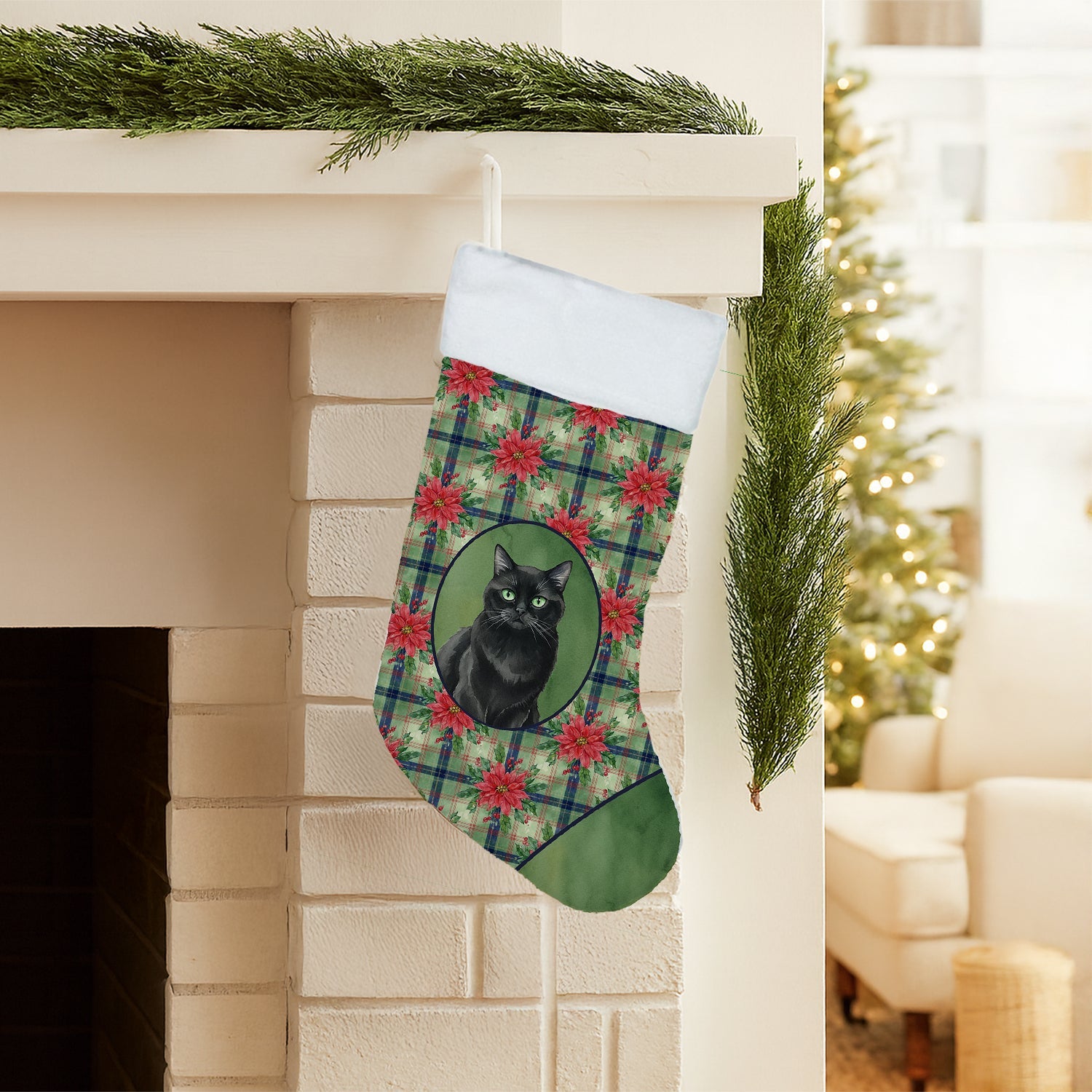 Persian Black Cat with Poinsettias Holiday Stocking Double-Sided Print, Polyester Suede,11x18, Made in USA