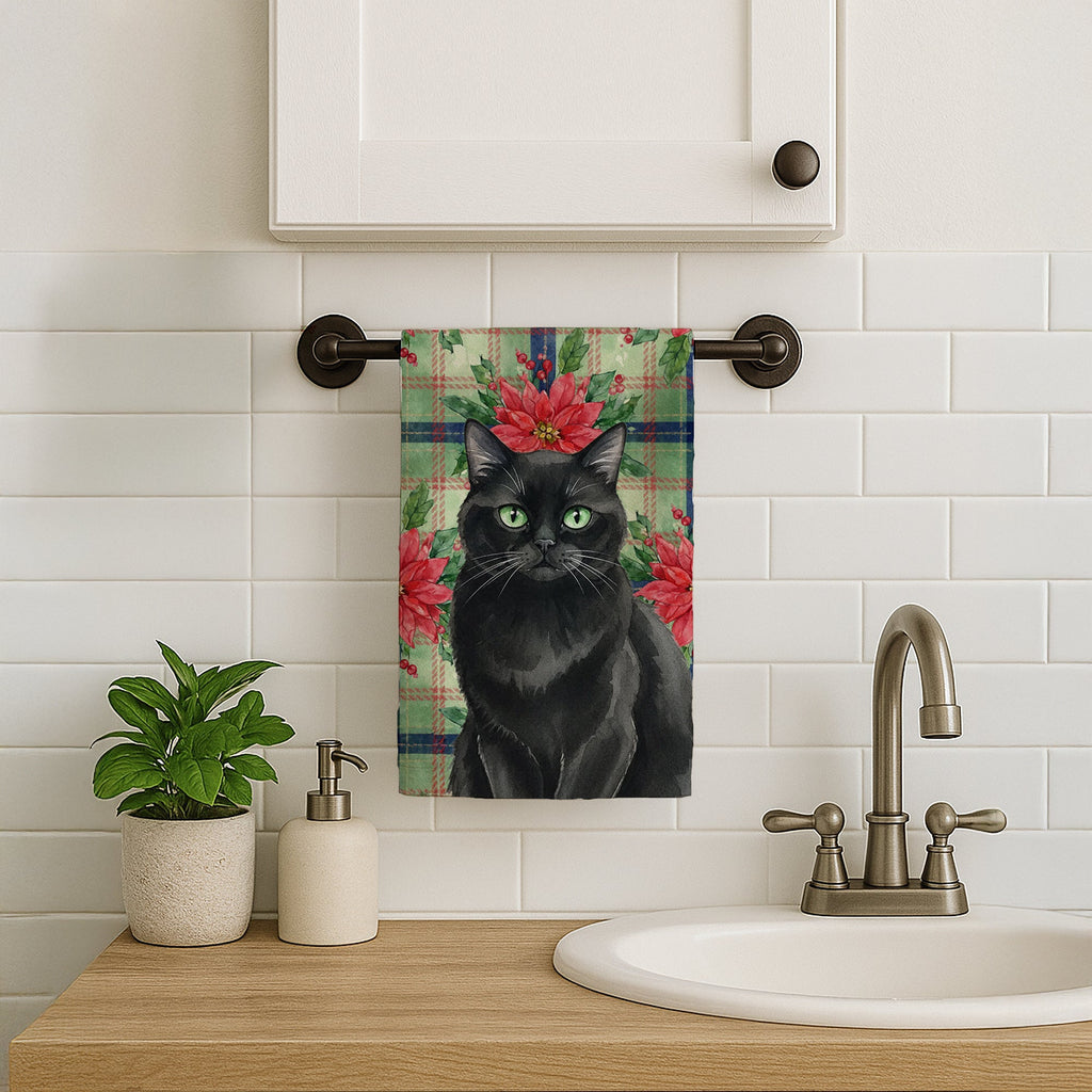 Persian Black Cat with Poinsettias Kitchen Towel Velour Plush Front and Cotton Loop Back Machine Washable