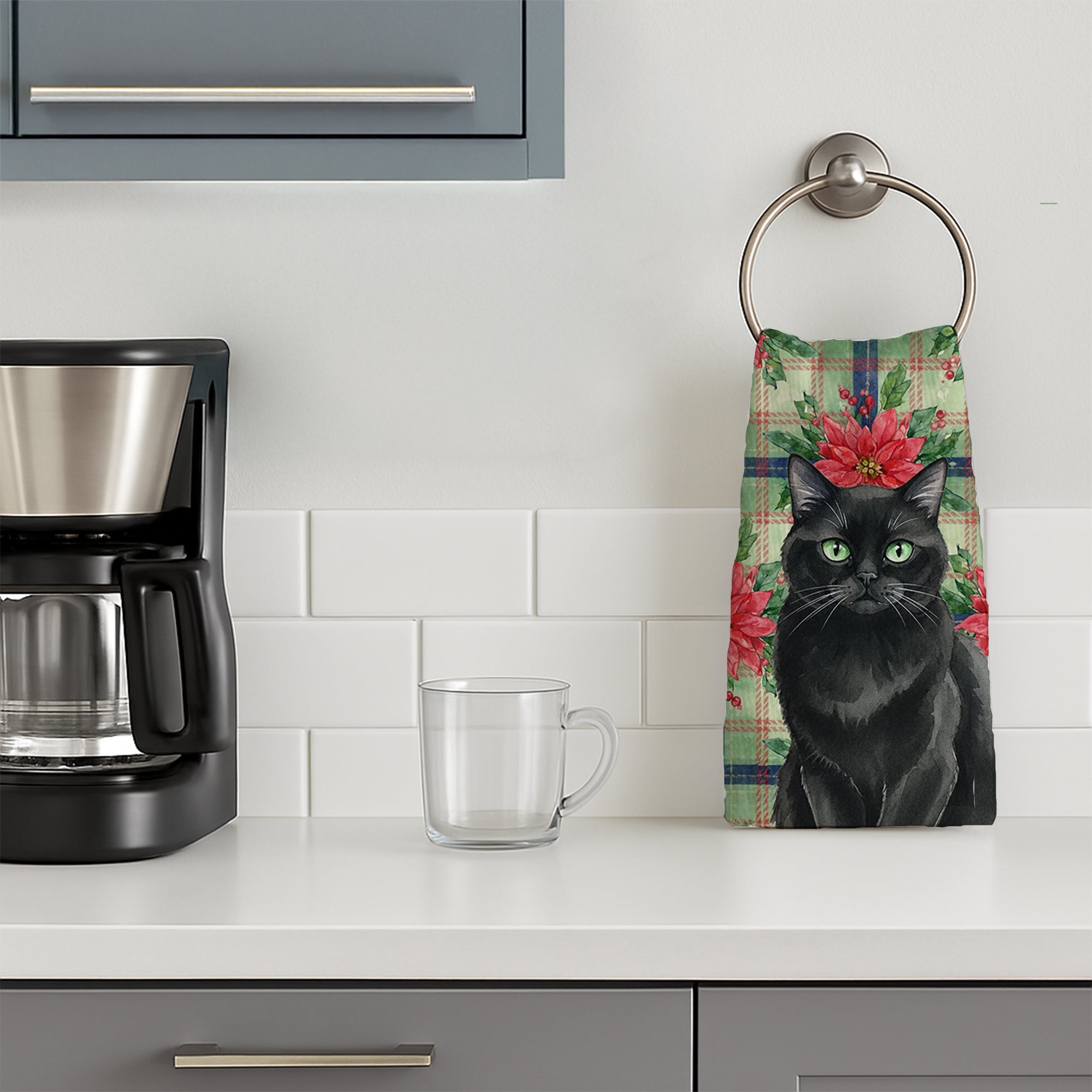 Persian Black Cat with Poinsettias Kitchen Towel Velour Plush Front and Cotton Loop Back Machine Washable