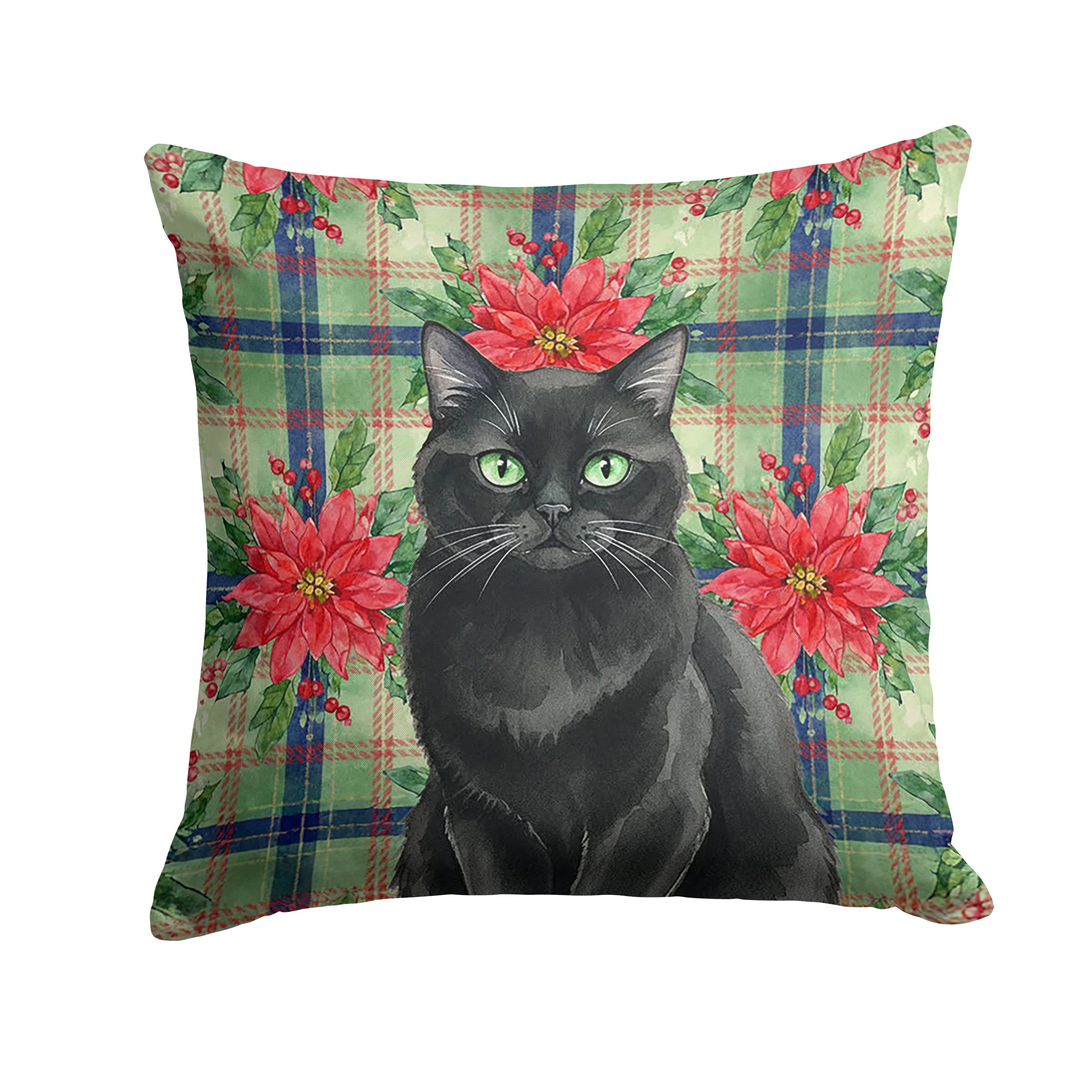 Persian Black Cat with Poinsettias Decorative Throw Pillow 18x18 Indoor Outdoor Accent Cushion, Fabric Cover with Insert for Sofa, Bed, Porch & Living Room