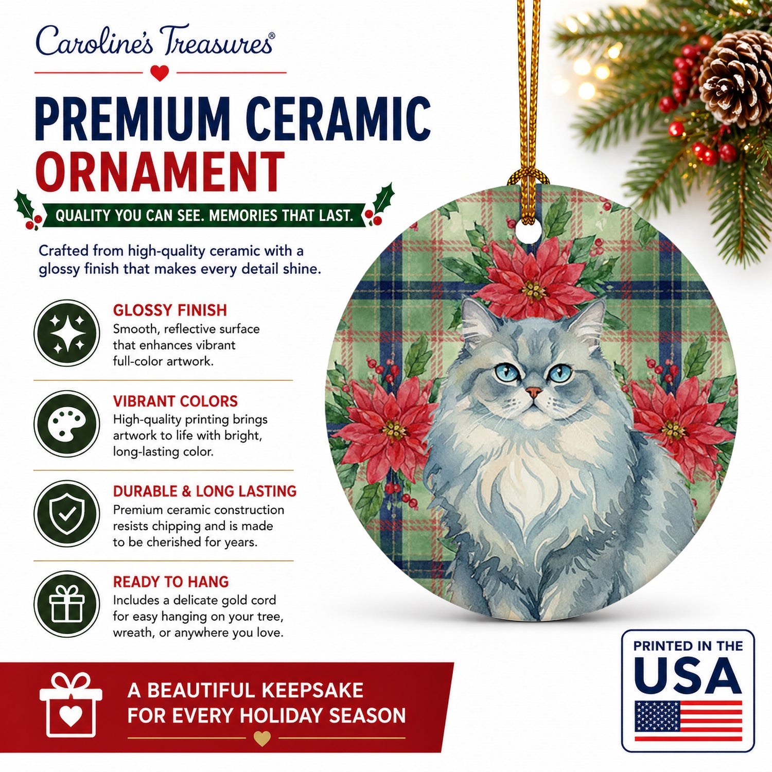 Persian Blue Cat with Poinsettias Ceramic Ornament Christmas Tree Hanging Decorations for Home Christmas Holiday, Party, Gift, 3 in, Multicolor