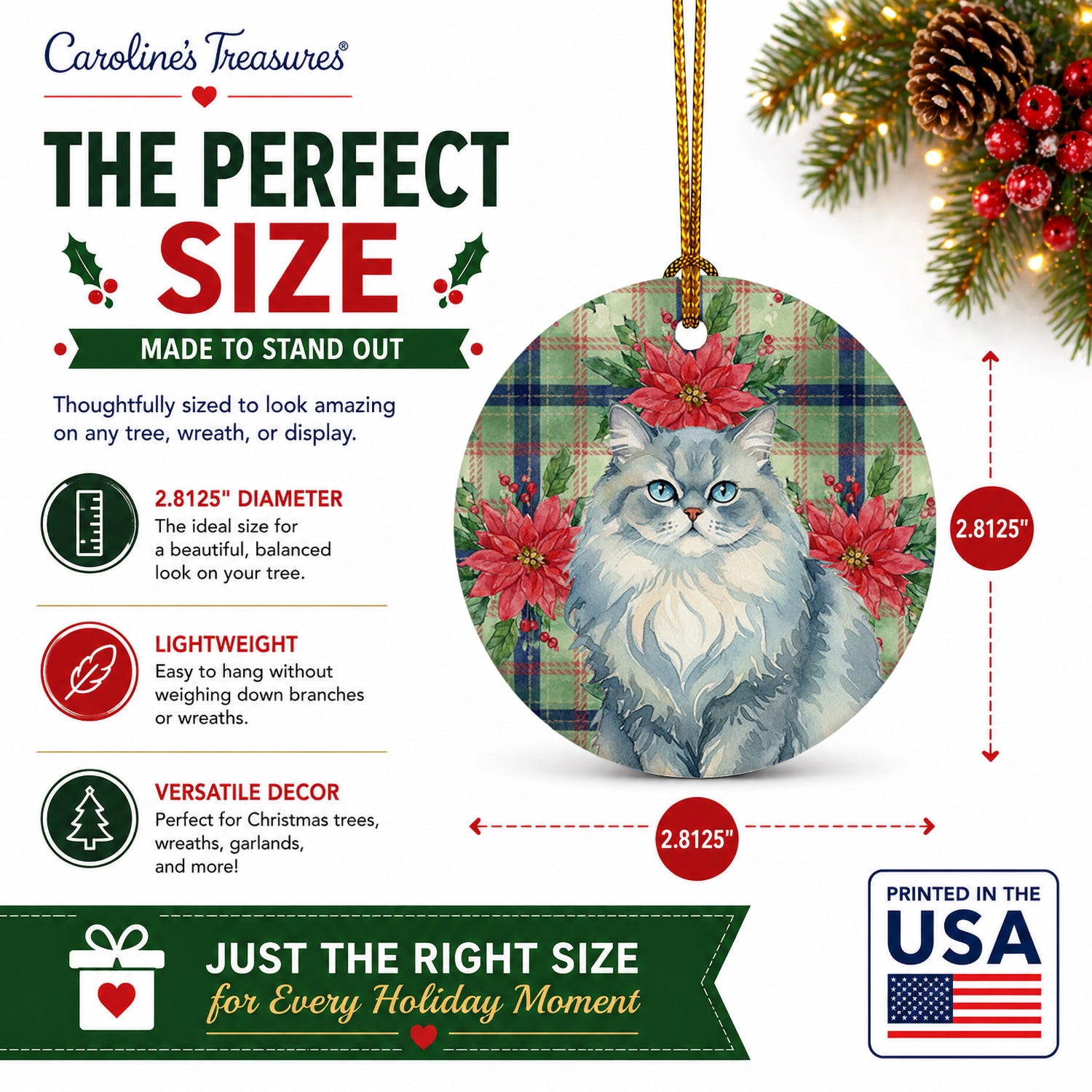 Persian Blue Cat with Poinsettias Ceramic Ornament Christmas Tree Hanging Decorations for Home Christmas Holiday, Party, Gift, 3 in, Multicolor