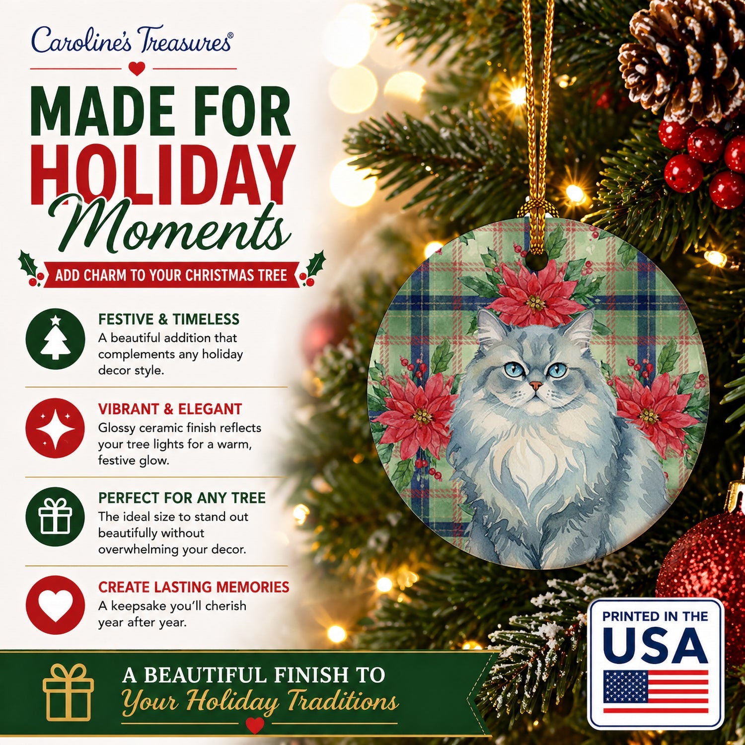 Persian Blue Cat with Poinsettias Ceramic Ornament Christmas Tree Hanging Decorations for Home Christmas Holiday, Party, Gift, 3 in, Multicolor