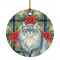 Persian Blue Cat with Poinsettias Ceramic Ornament Christmas Tree Hanging Decorations for Home Christmas Holiday, Party, Gift, 3 in, Multicolor
