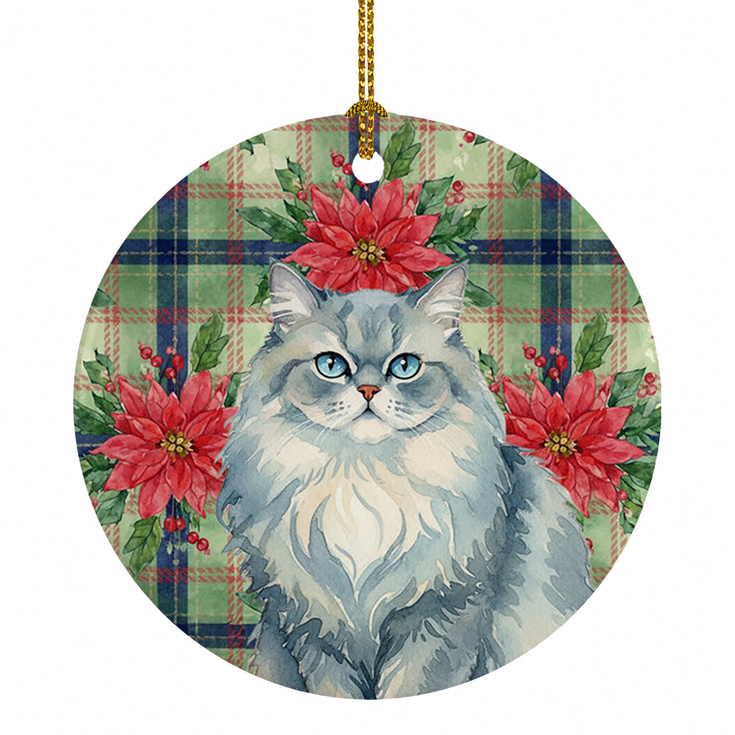 Persian Blue Cat with Poinsettias Ceramic Ornament Christmas Tree Hanging Decorations for Home Christmas Holiday, Party, Gift, 3 in, Multicolor