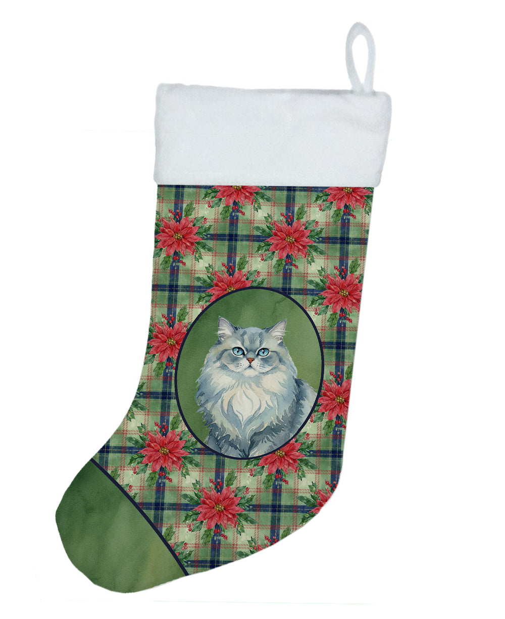 Persian Blue Cat with Poinsettias Holiday Stocking Double-Sided Print, Polyester Suede,11x18, Made in USA