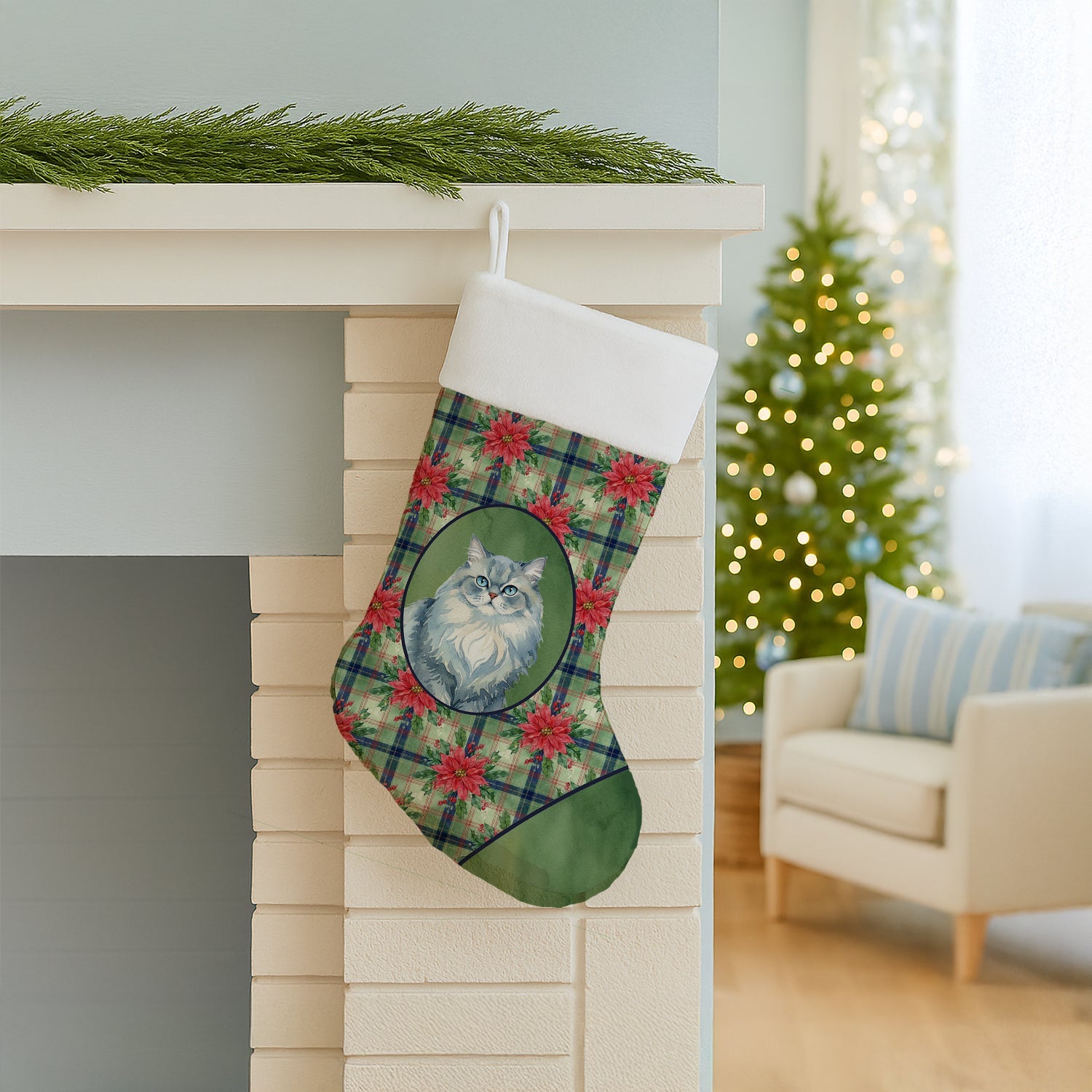 Persian Blue Cat with Poinsettias Holiday Stocking Double-Sided Print, Polyester Suede,11x18, Made in USA