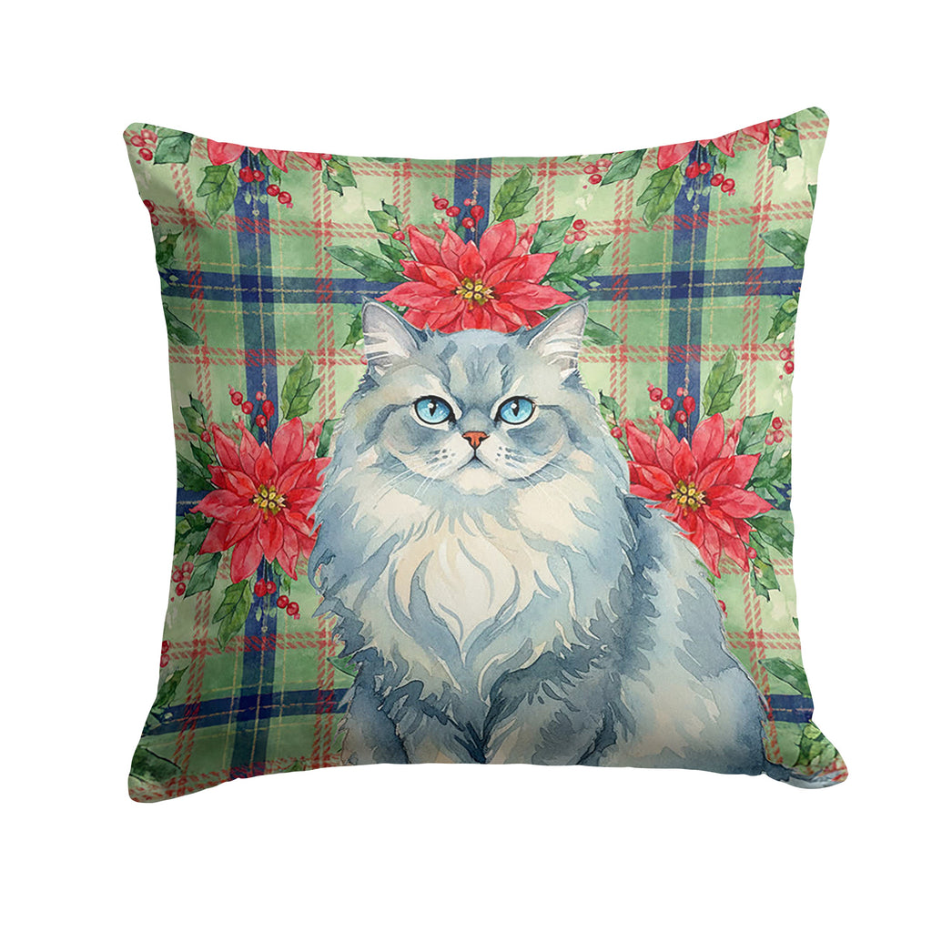 Persian Blue Cat with Poinsettias Decorative Throw Pillow 14x14 Indoor Outdoor Accent Cushion, Fabric Cover with Insert for Sofa, Bed, Porch & Living Room