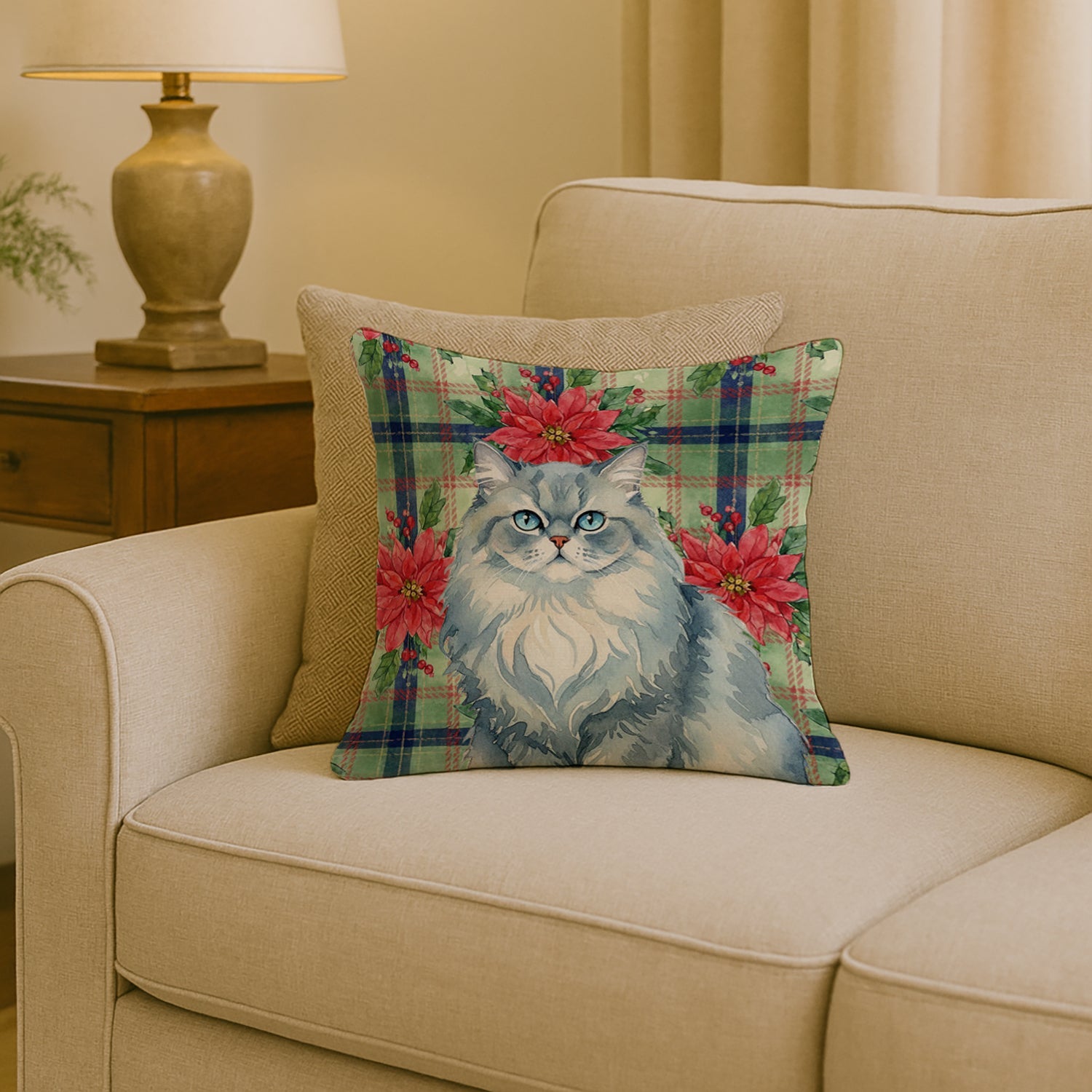 Persian Blue Cat with Poinsettias Decorative Throw Pillow 18x18 Indoor Outdoor Accent Cushion, Fabric Cover with Insert for Sofa, Bed, Porch & Living Room
