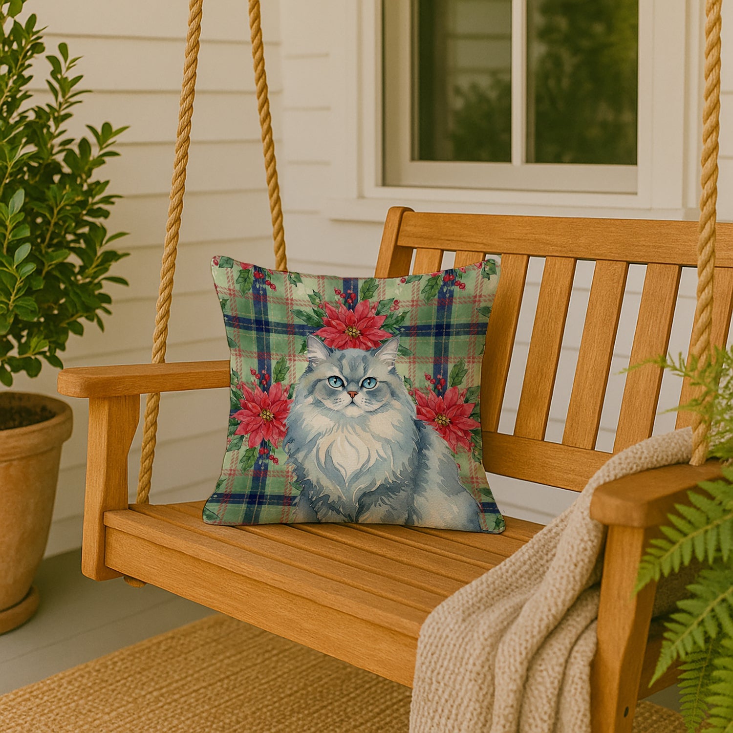 Persian Blue Cat with Poinsettias Decorative Throw Pillow 18x18 Indoor Outdoor Accent Cushion, Fabric Cover with Insert for Sofa, Bed, Porch & Living Room