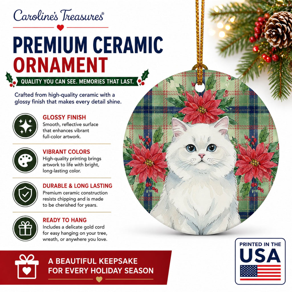Persian White Cat with Poinsettias Ceramic Ornament Christmas Tree Hanging Decorations for Home Christmas Holiday, Party, Gift, 3 in, Multicolor