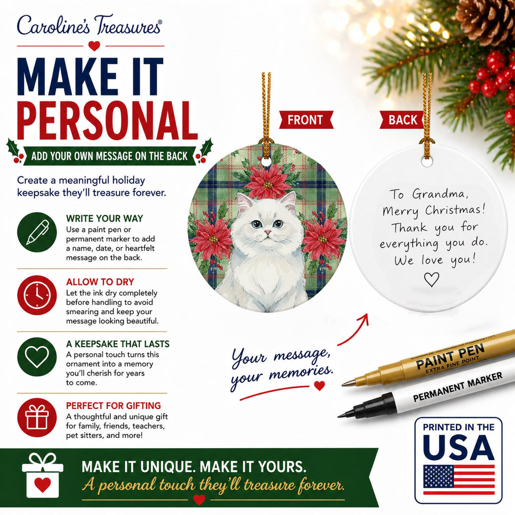 Persian White Cat with Poinsettias Ceramic Ornament Christmas Tree Hanging Decorations for Home Christmas Holiday, Party, Gift, 3 in, Multicolor