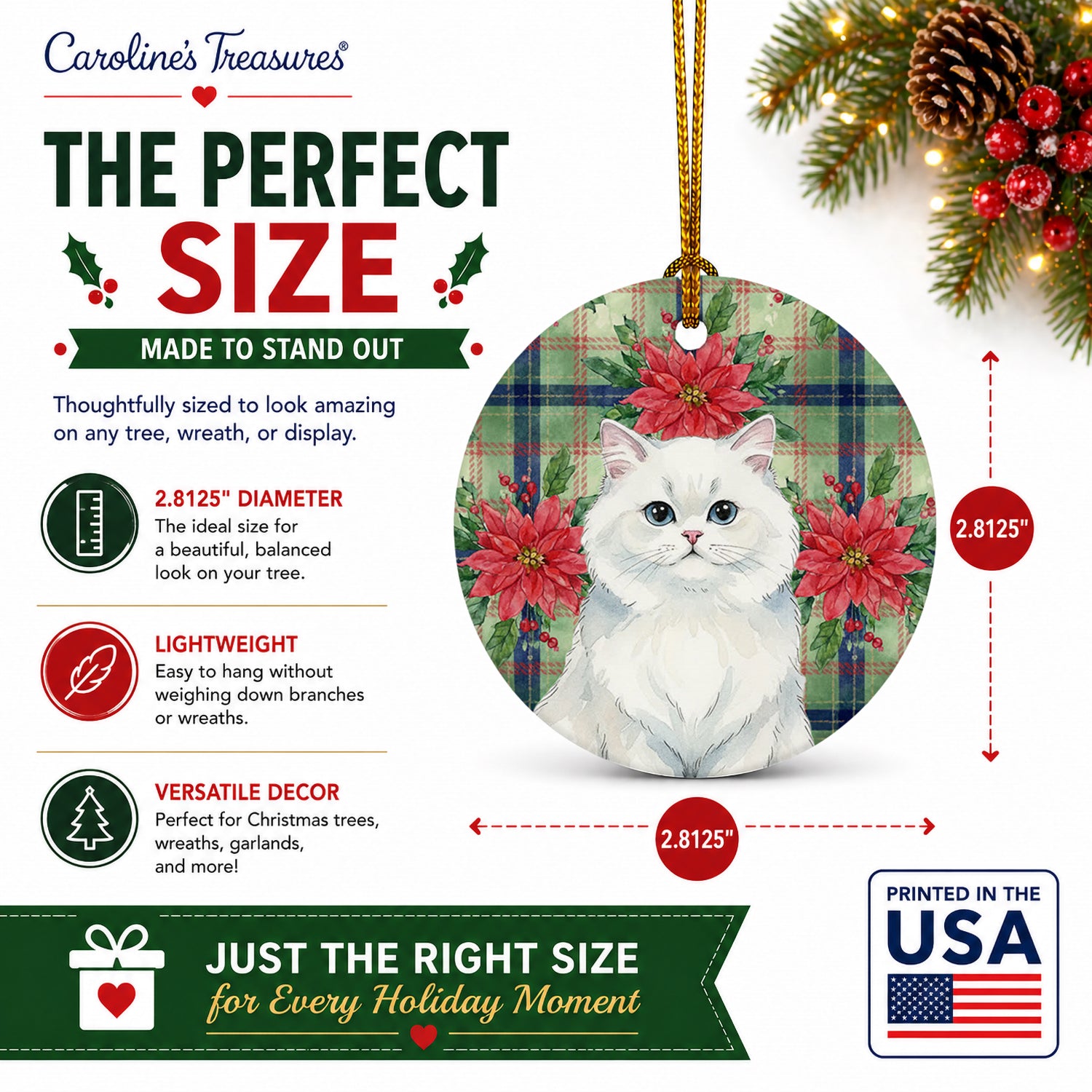 Persian White Cat with Poinsettias Ceramic Ornament Christmas Tree Hanging Decorations for Home Christmas Holiday, Party, Gift, 3 in, Multicolor