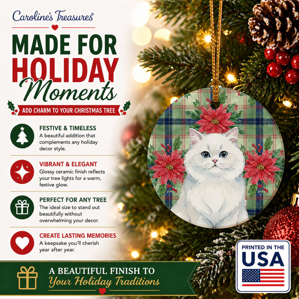 Persian White Cat with Poinsettias Ceramic Ornament Christmas Tree Hanging Decorations for Home Christmas Holiday, Party, Gift, 3 in, Multicolor