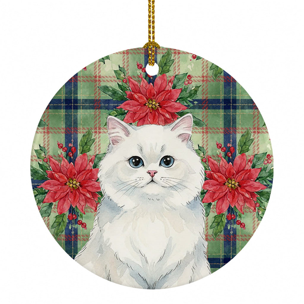 Persian White Cat with Poinsettias Ceramic Ornament Christmas Tree Hanging Decorations for Home Christmas Holiday, Party, Gift, 3 in, Multicolor